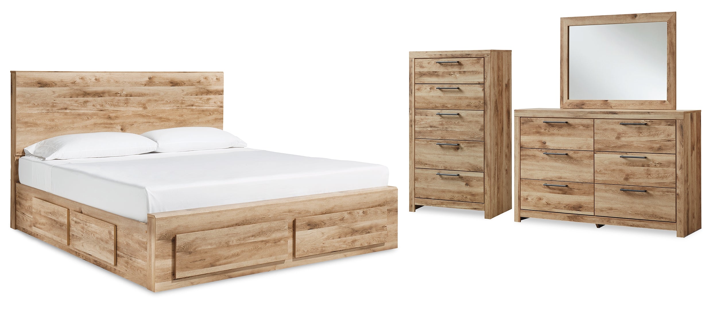 Hyanna King Panel Storage Bed with Mirrored Dresser and Chest II