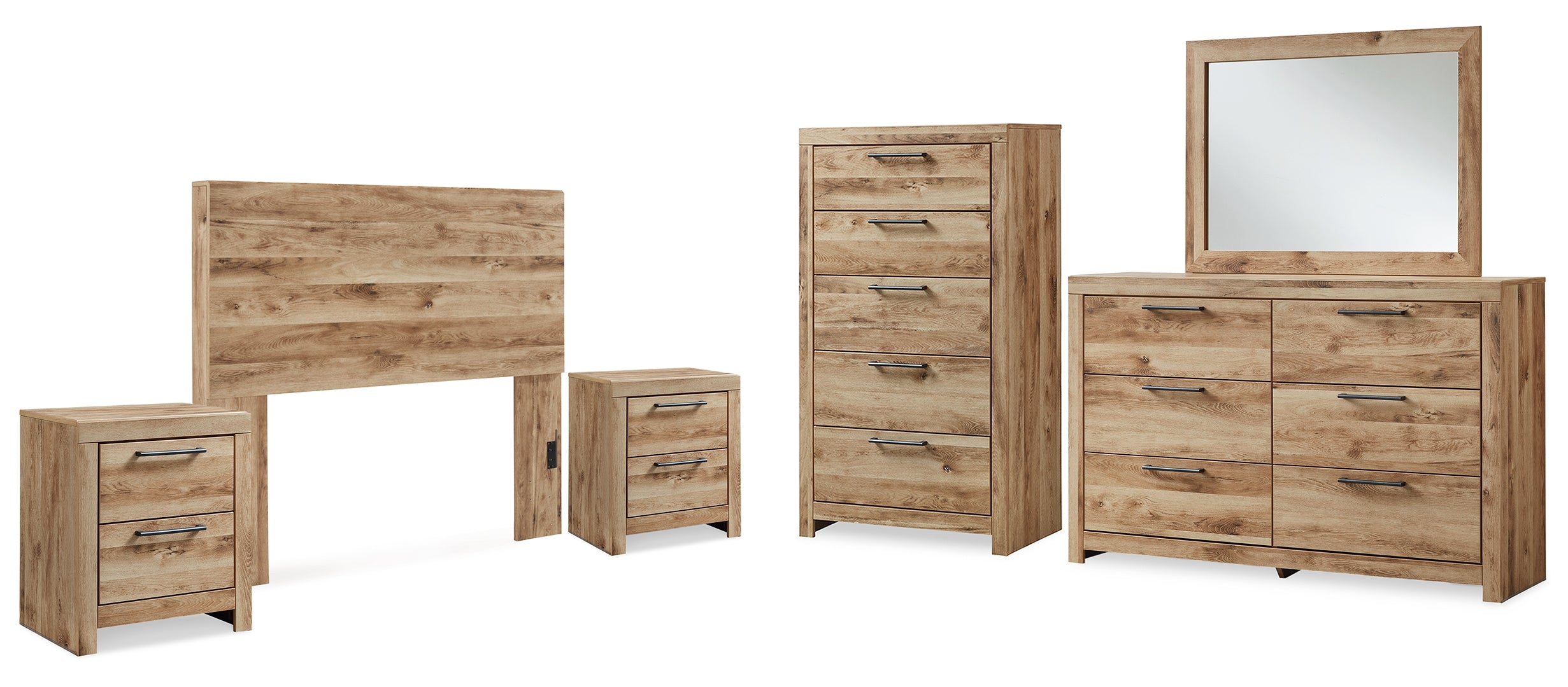 Hyanna Full Panel Headboard with Mirrored Dresser, Chest and 2 Nightstands