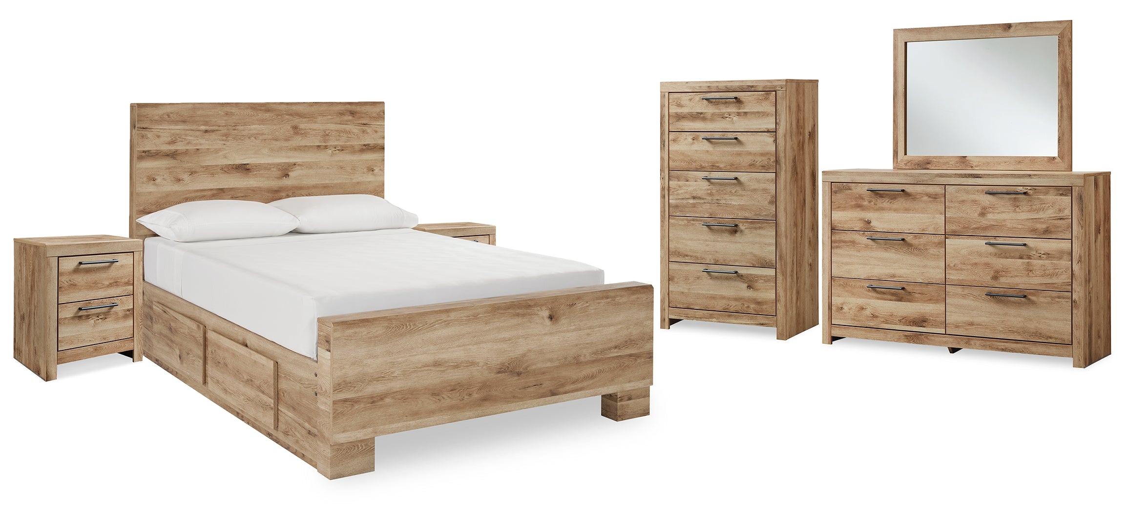 Hyanna Full Panel Bed with Storage with Mirrored Dresser, Chest and 2 Nightstands