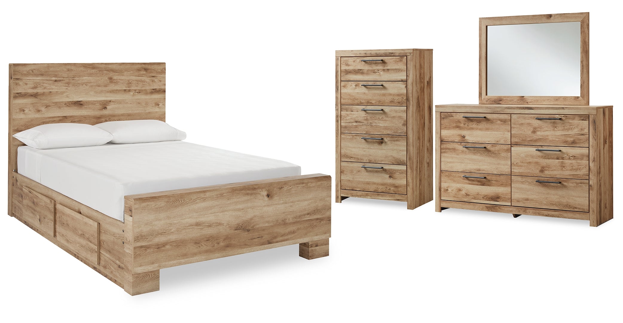 Hyanna Full Panel Bed with Storage with Mirrored Dresser and Chest