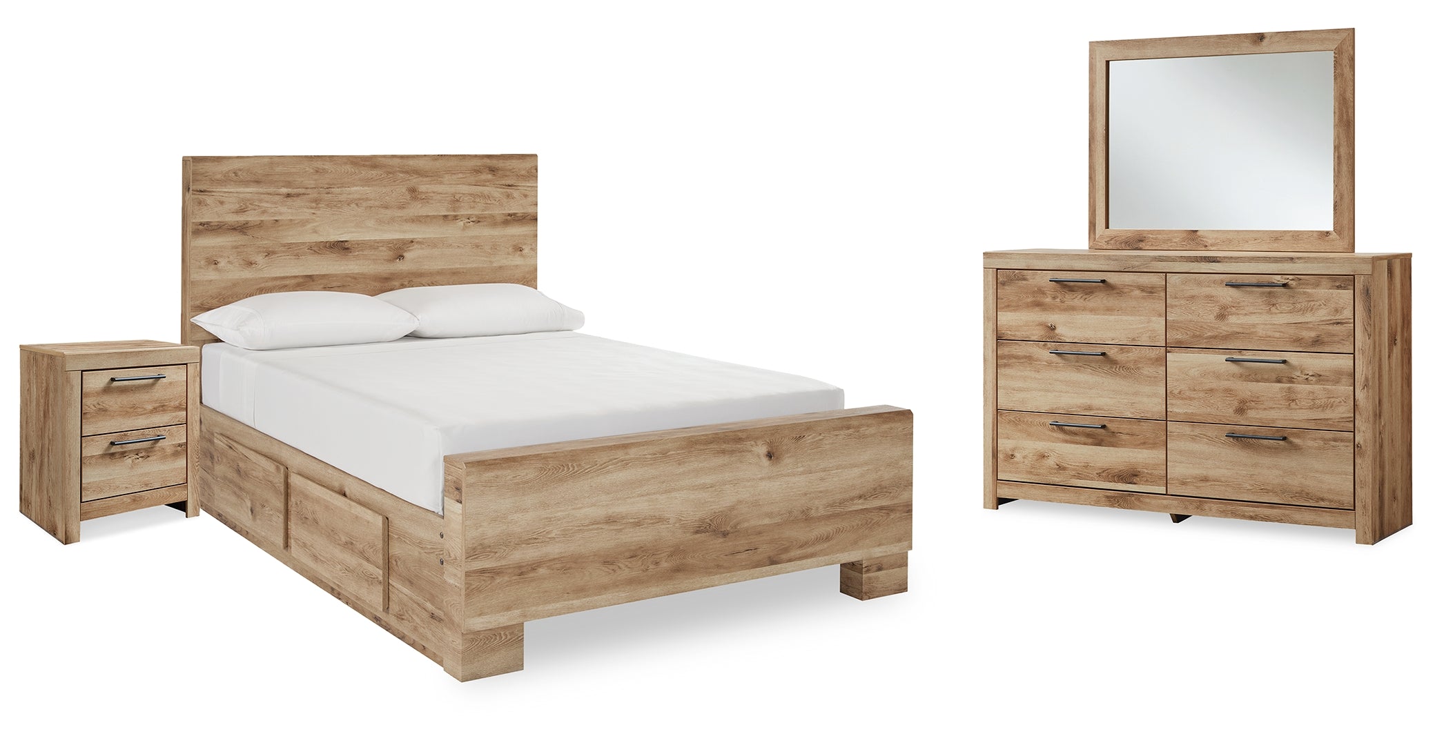 Hyanna Full Panel Bed with Storage with Mirrored Dresser and Nightstand