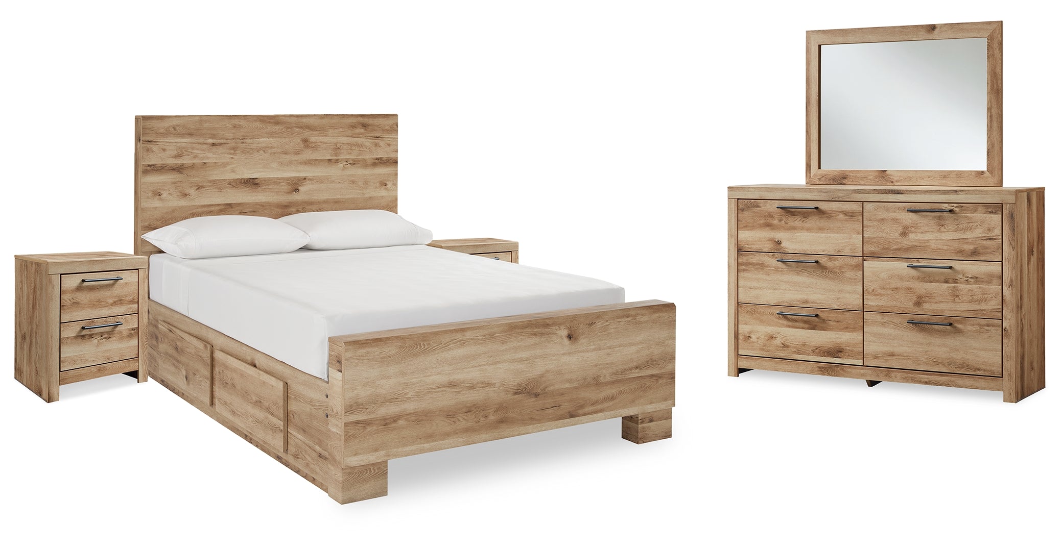 Hyanna Full Panel Bed with Storage with Mirrored Dresser and 2 Nightstands