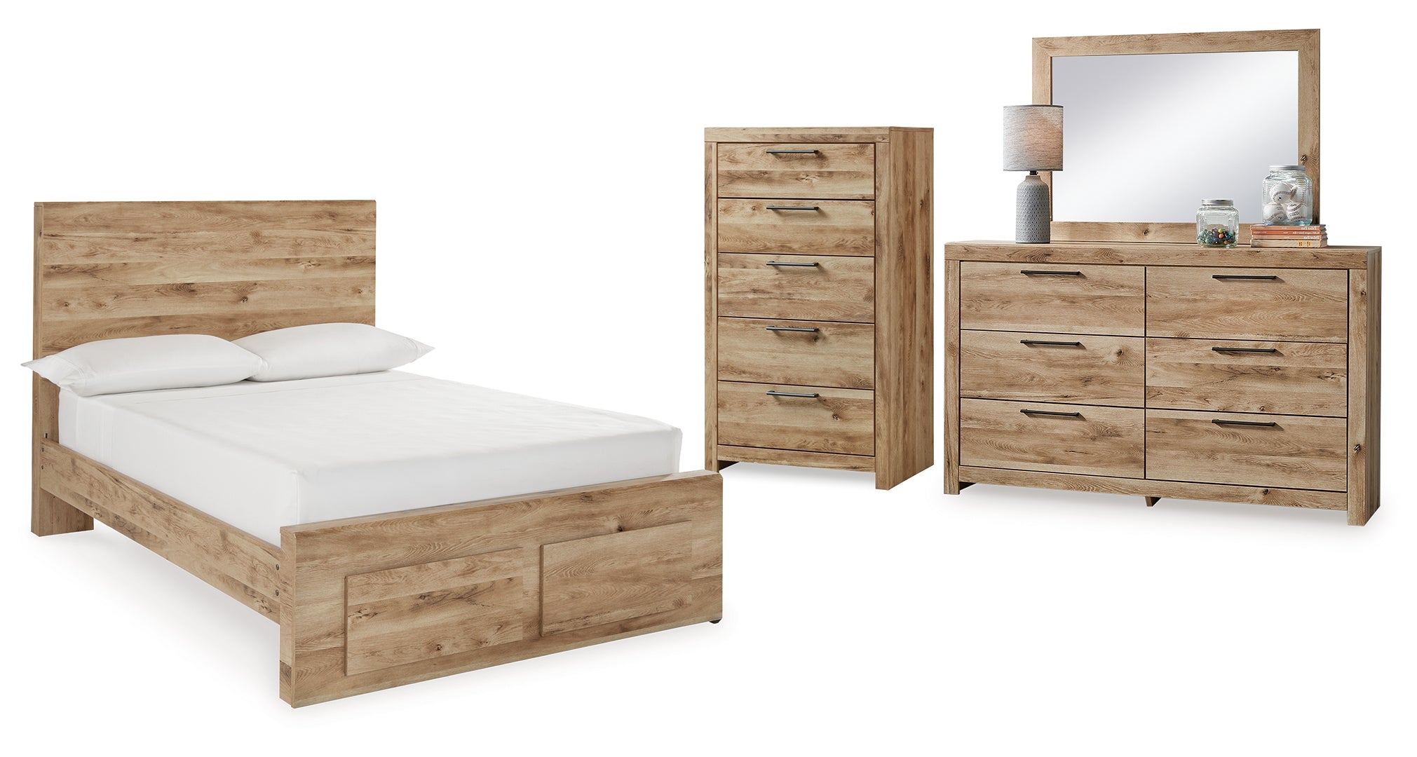 Hyanna Full Panel Storage Bed with Mirrored Dresser and Chest