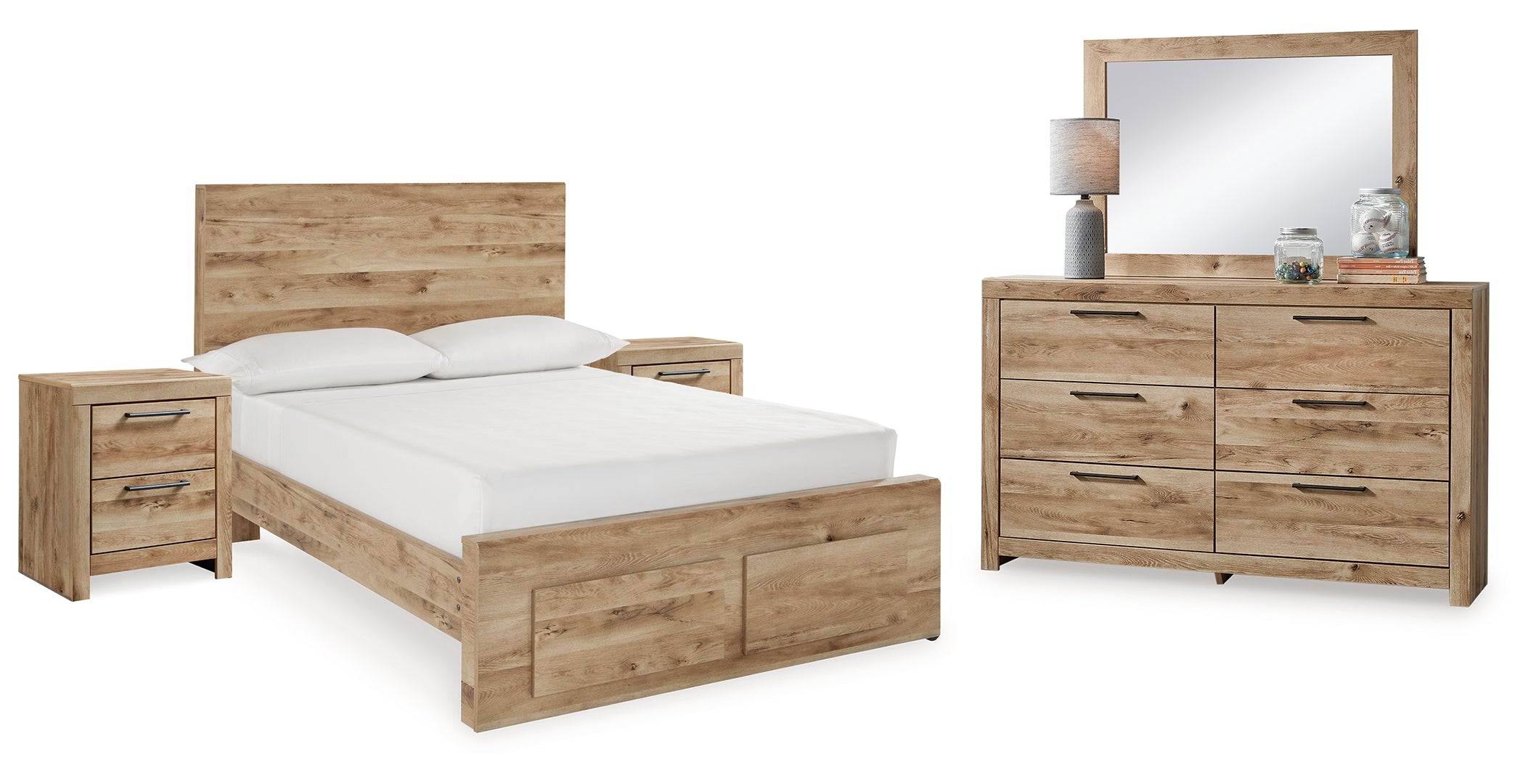 Hyanna Full Panel Storage Bed with Mirrored Dresser and 2 Nightstands