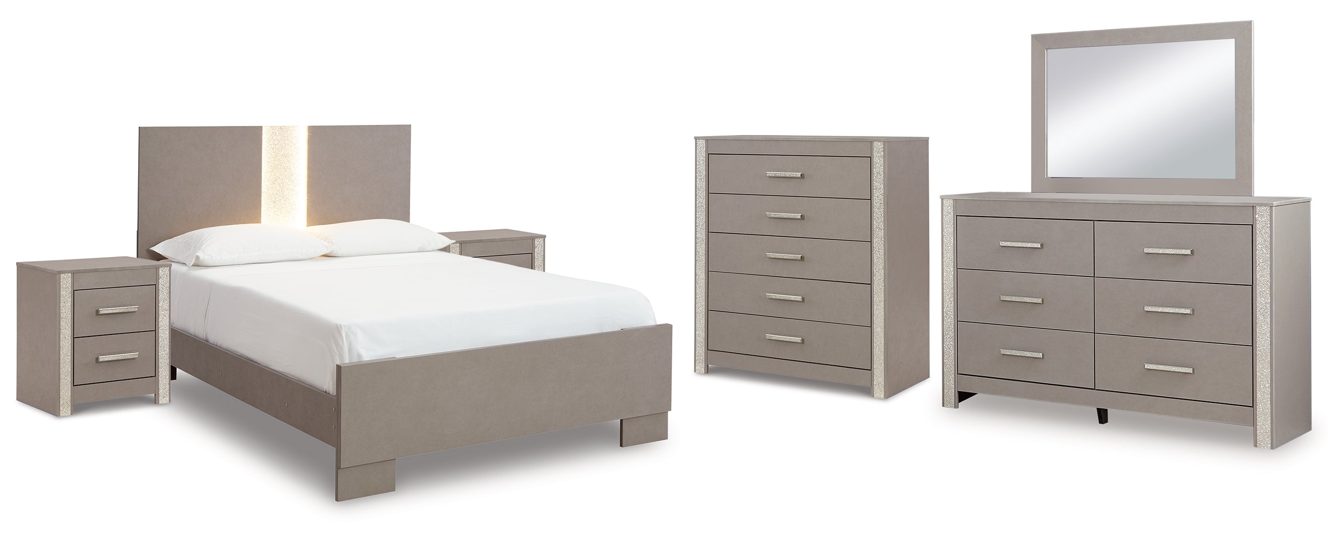 Surancha Full Panel Bed with Mirrored Dresser, Chest and 2 Nightstands