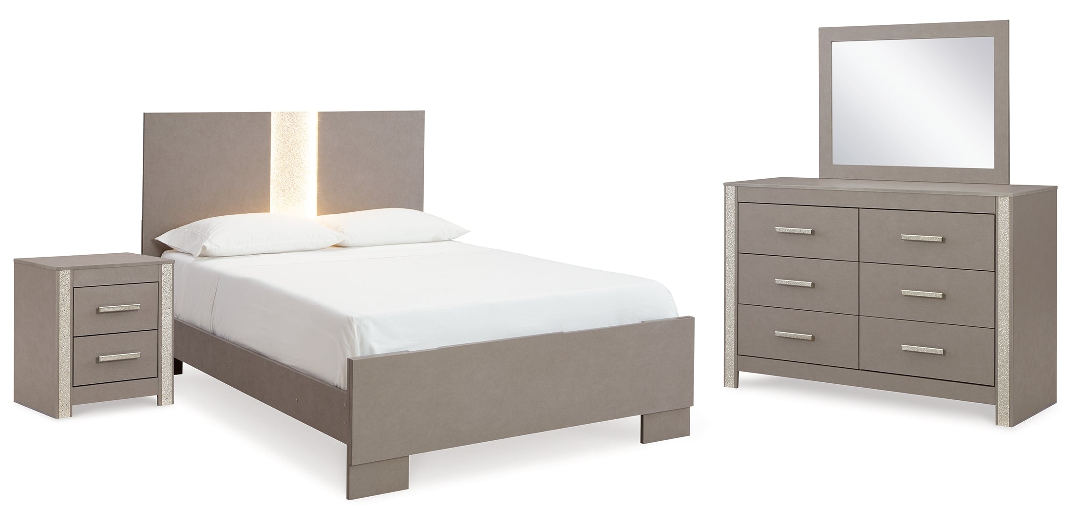 Surancha Full Panel Bed with Mirrored Dresser and Nightstand