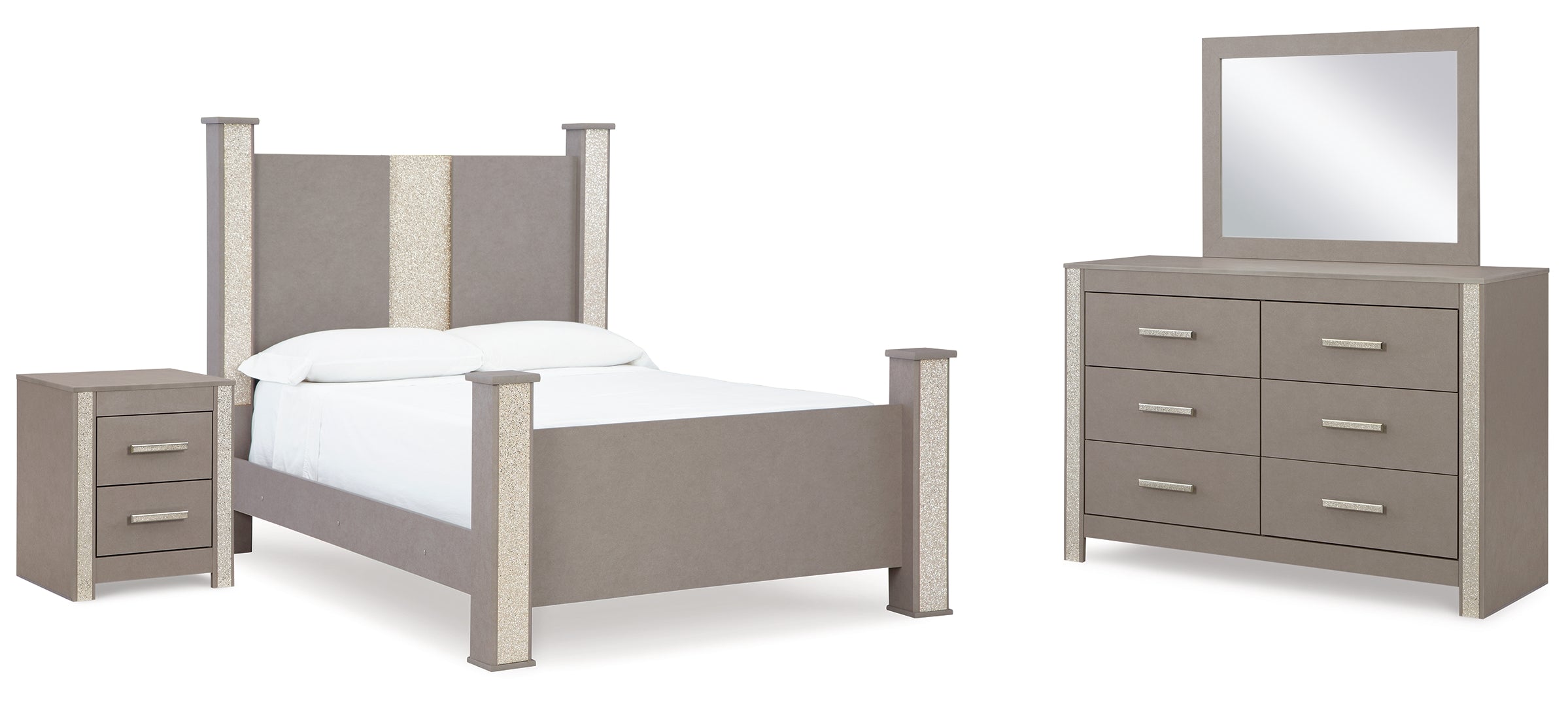 Surancha Queen Poster Bed with Mirrored Dresser and Nightstand