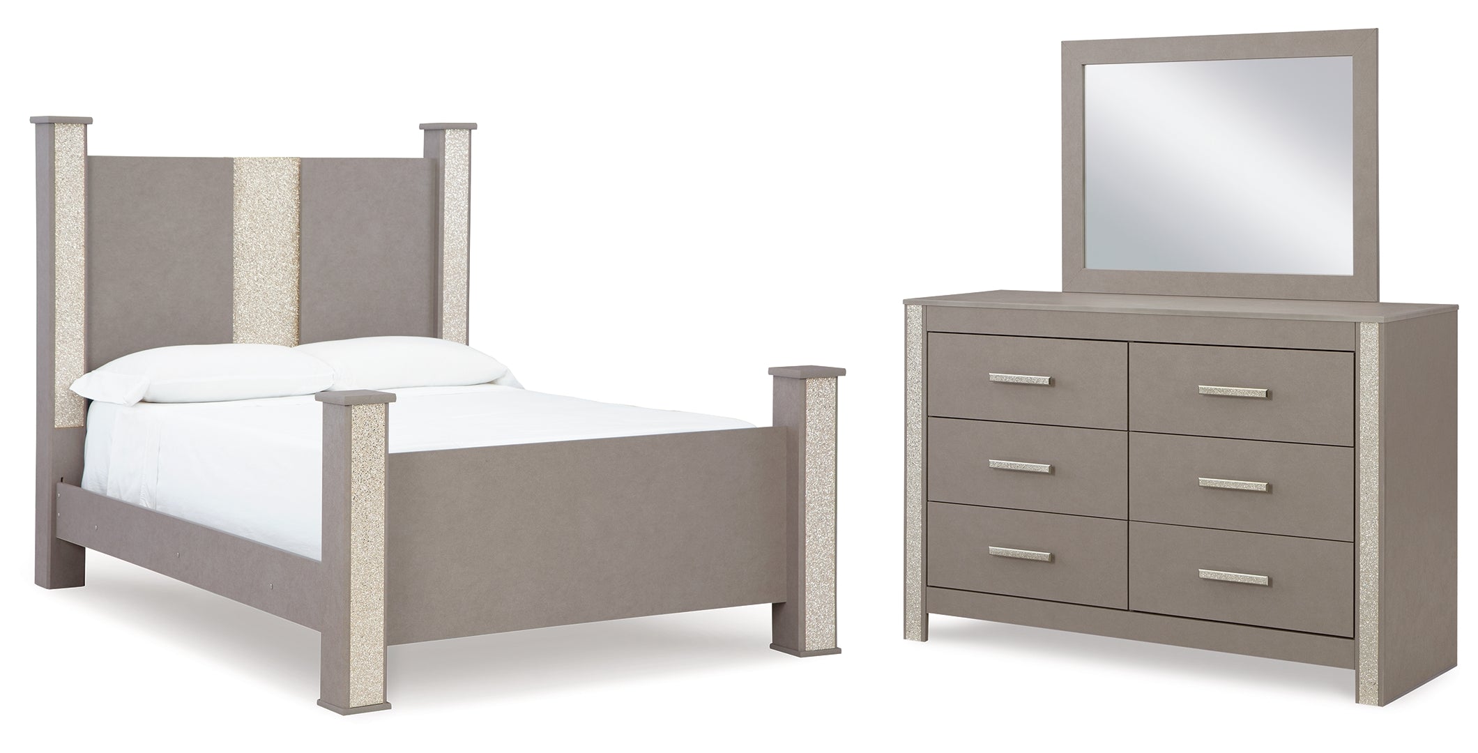 Surancha Queen Poster Bed with Mirrored Dresser