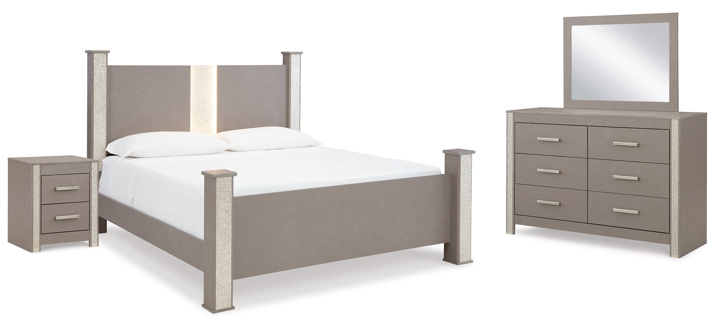 Surancha King Poster Bed with Mirrored Dresser, Chest and Nightstand