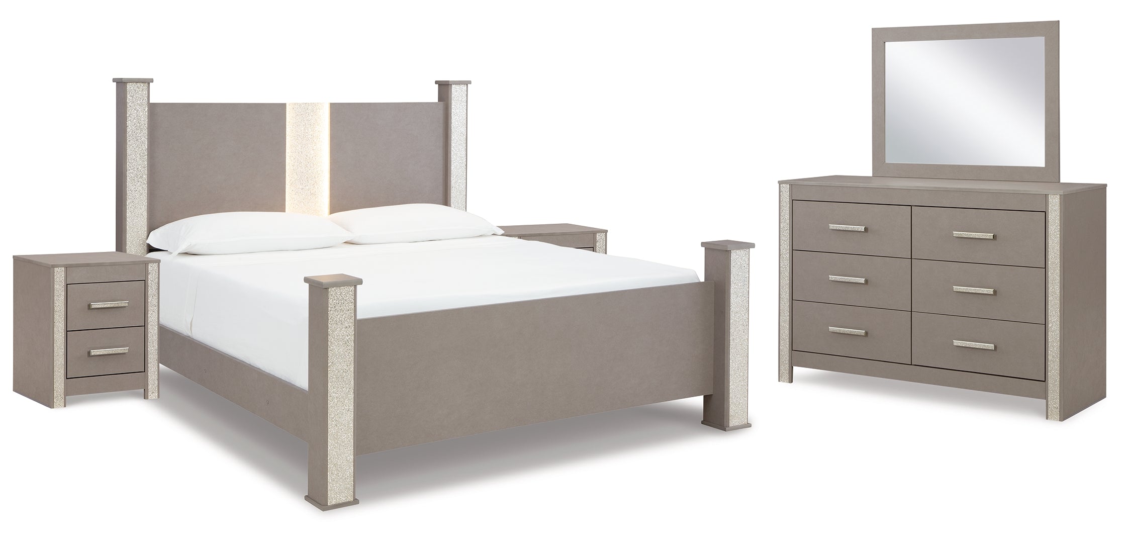 Surancha King Poster Bed with Mirrored Dresser and 2 Nightstands