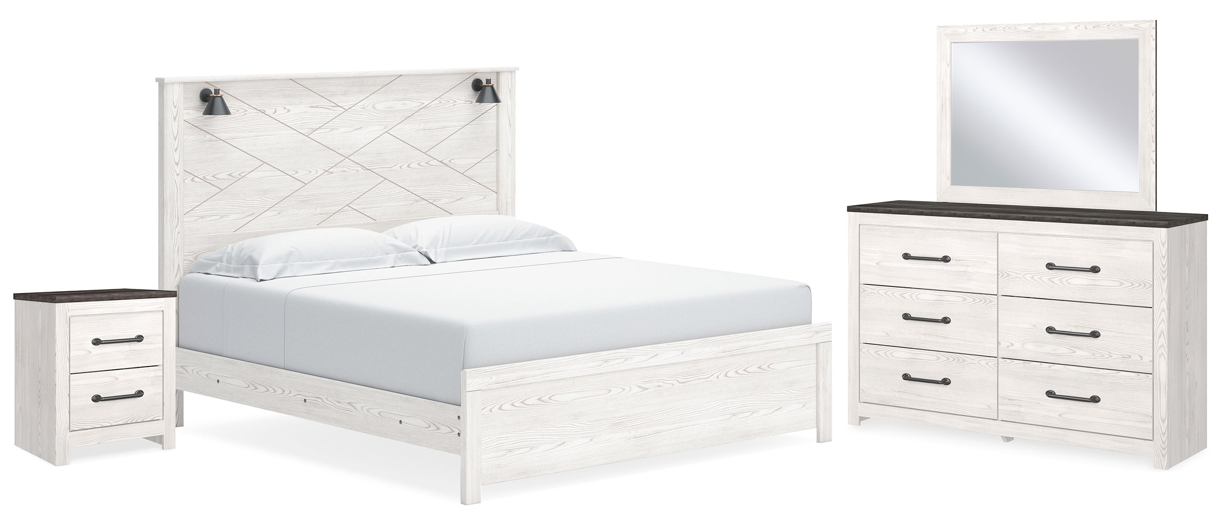 Gerridan King Panel Bed with Mirrored Dresser and Nightstand I