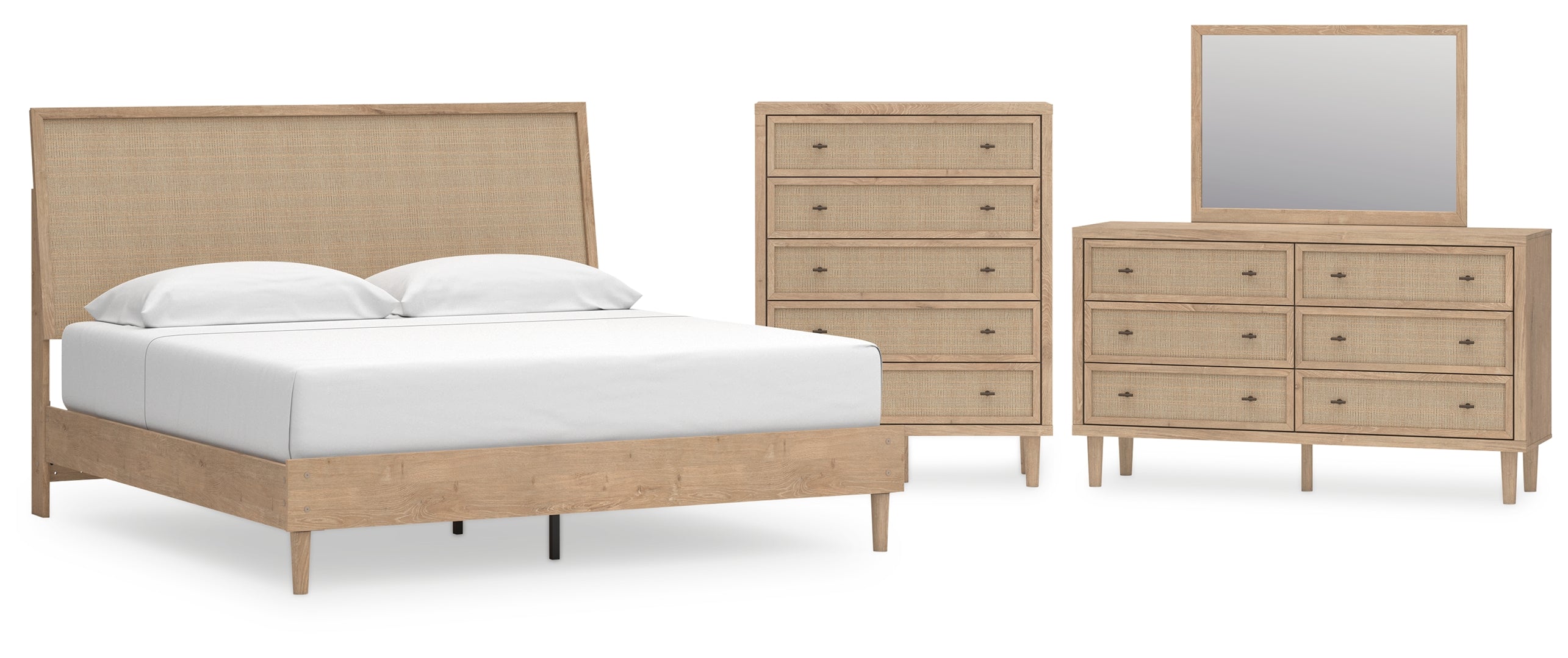 Cielden King Panel Bed with Mirrored Dresser and Chest