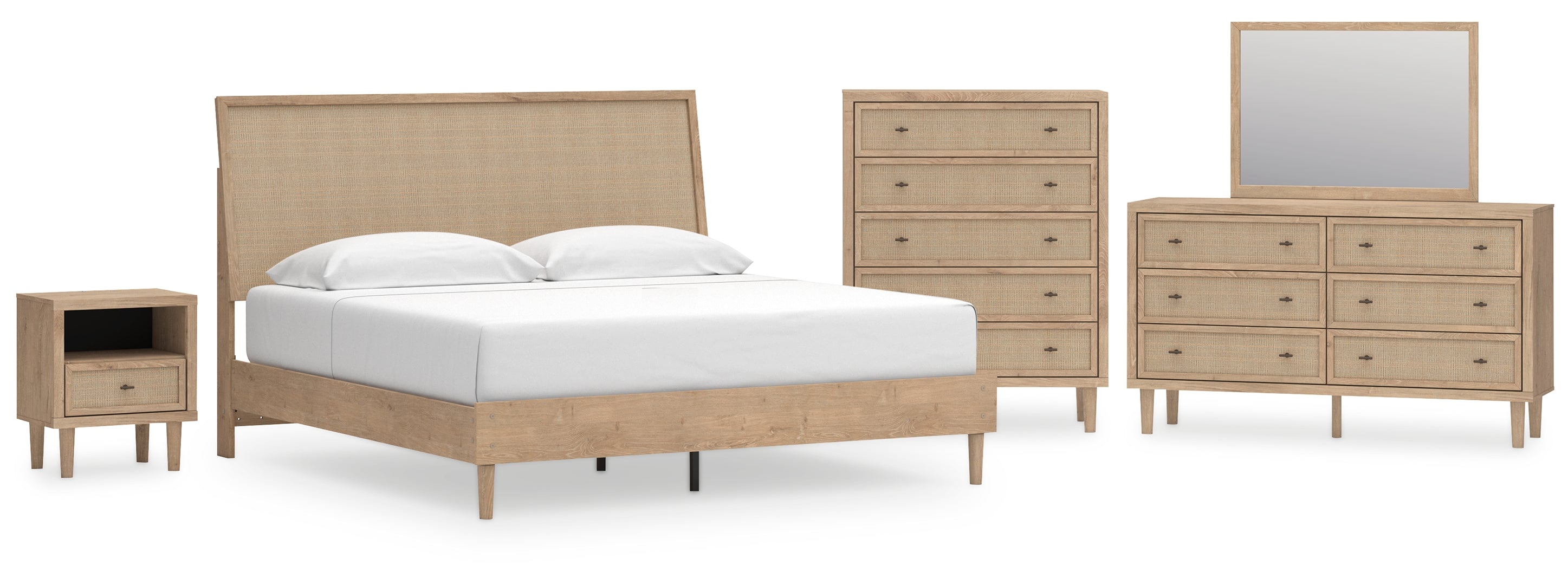 Cielden King Panel Bed with Mirrored Dresser, Chest and Nightstand