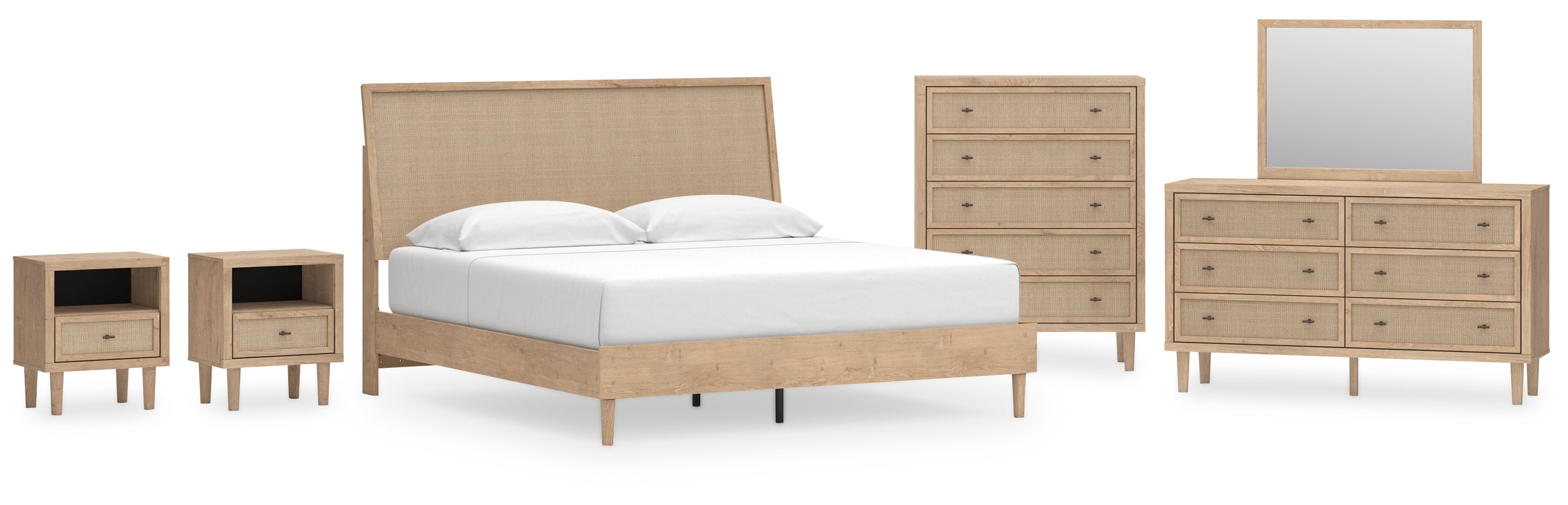 Cielden King Panel Bed with Mirrored Dresser, Chest and 2 Nightstands