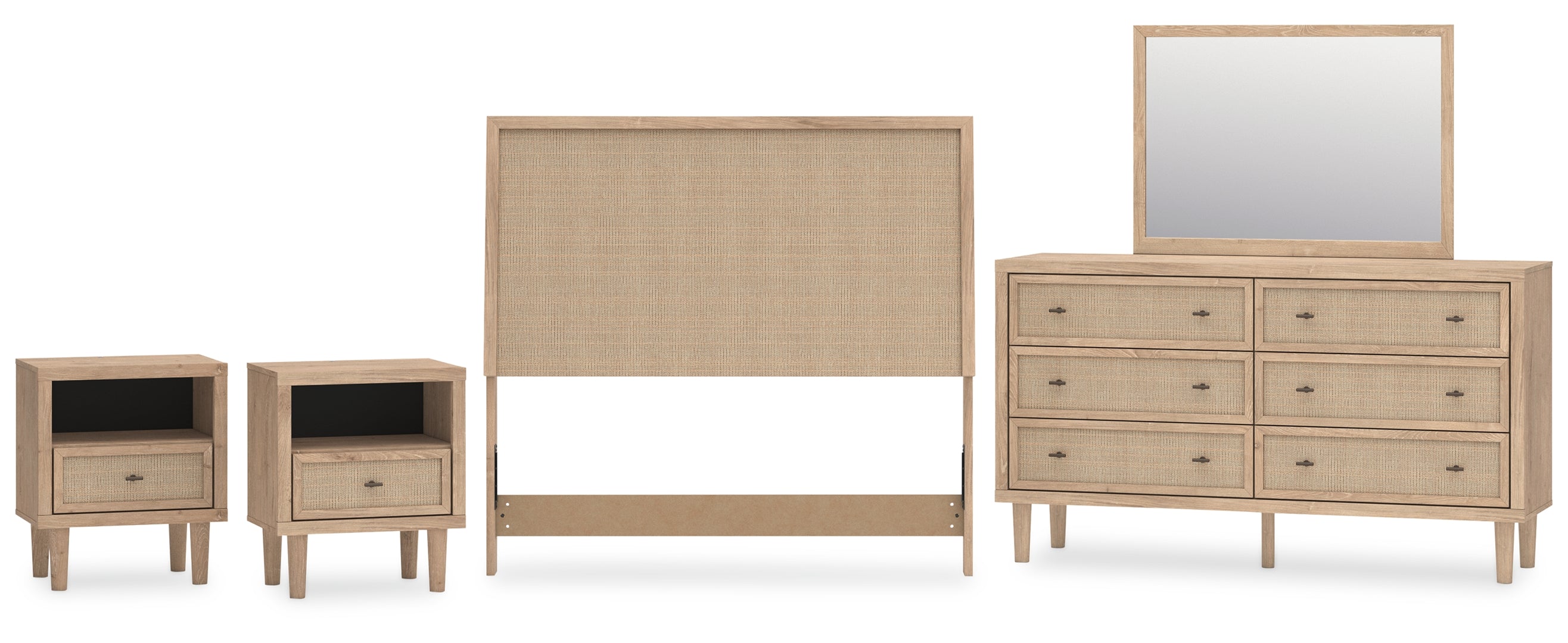 Cielden Full Upholstered Panel Bed with Mirrored Dresser and 2 Nightstands