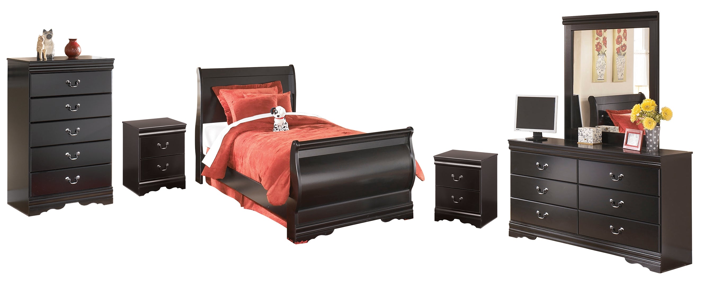 Huey Vineyard Twin Sleigh Bed with Mirrored Dresser, Chest and 2 Nightstands