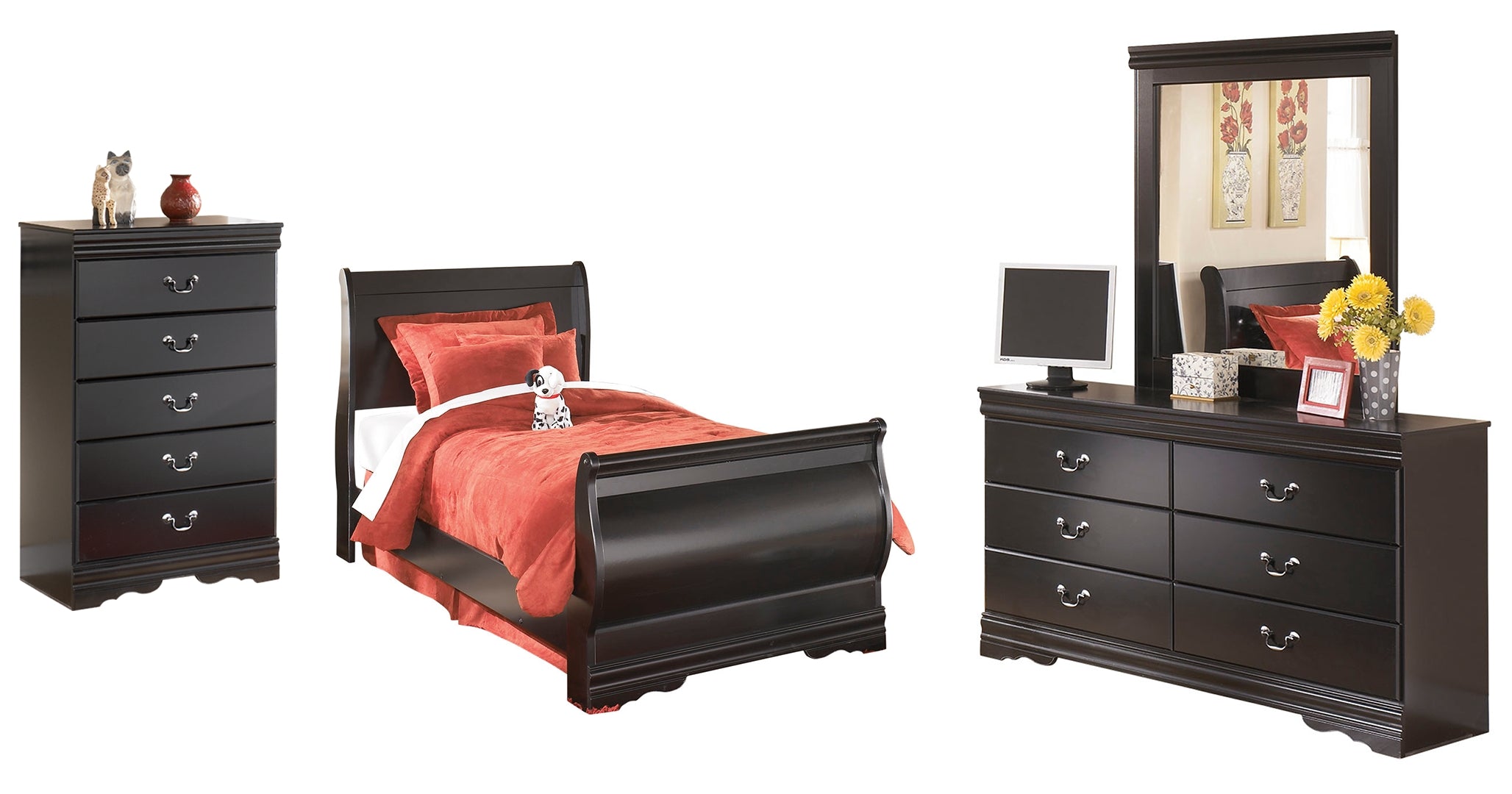 Huey Vineyard Twin Sleigh Bed with Mirrored Dresser and Chest