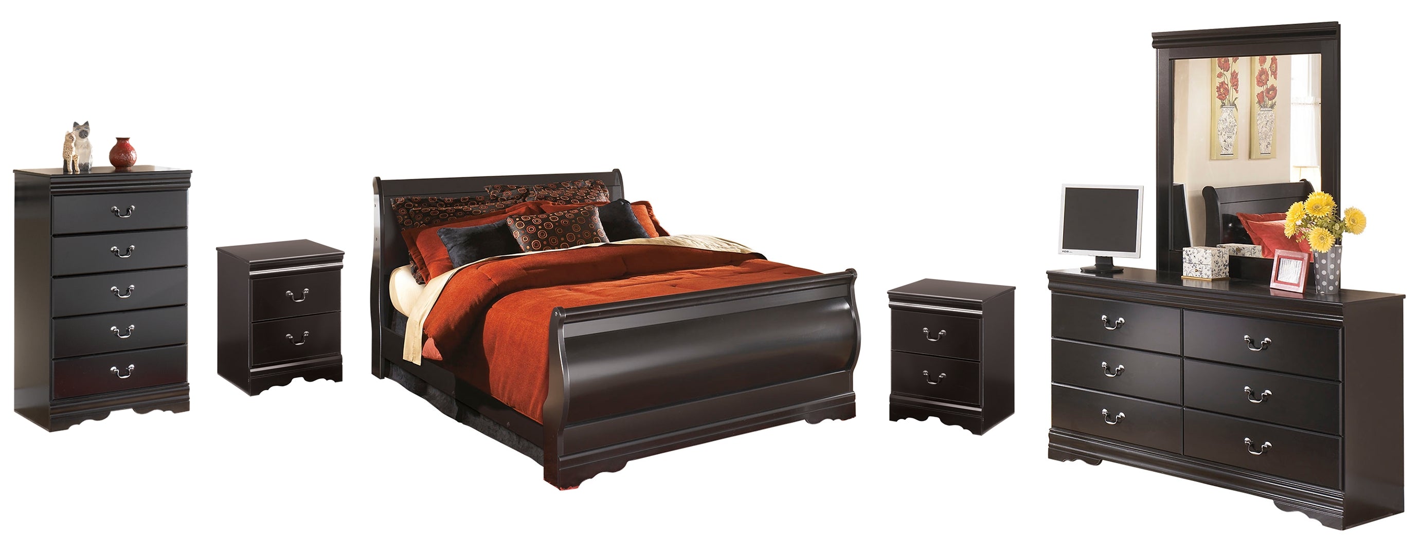 Huey Vineyard Queen Sleigh Bed with Mirrored Dresser, Chest and 2 Nightstands