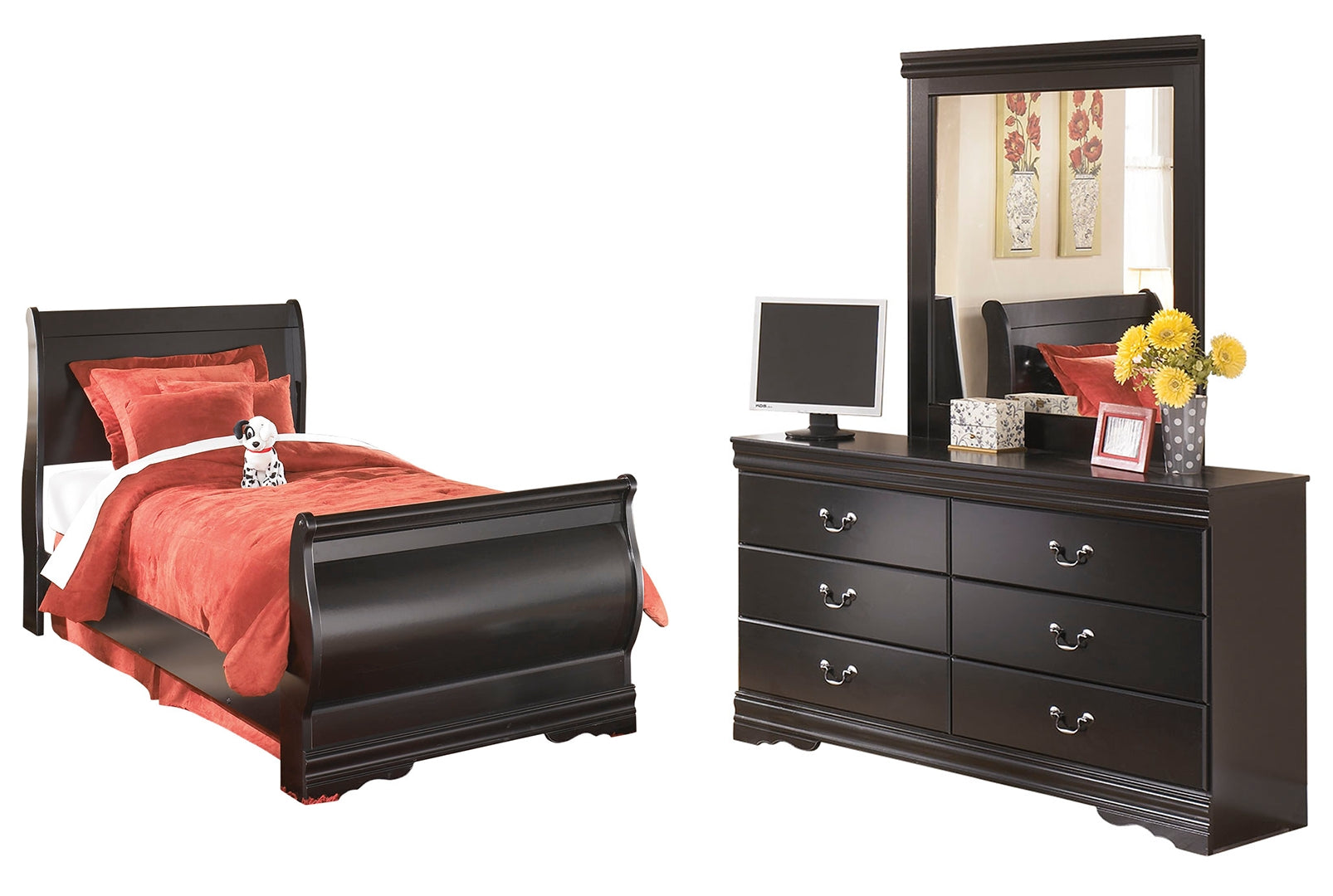 Huey Vineyard Twin Sleigh Bed with Mirrored Dresser