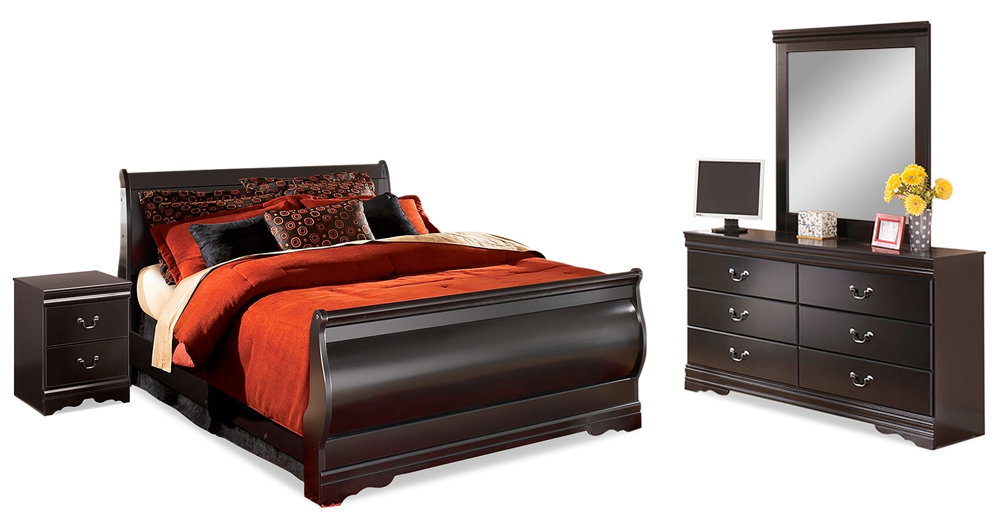 Huey Vineyard Queen Sleigh Bed with Mirrored Dresser and Nightstand