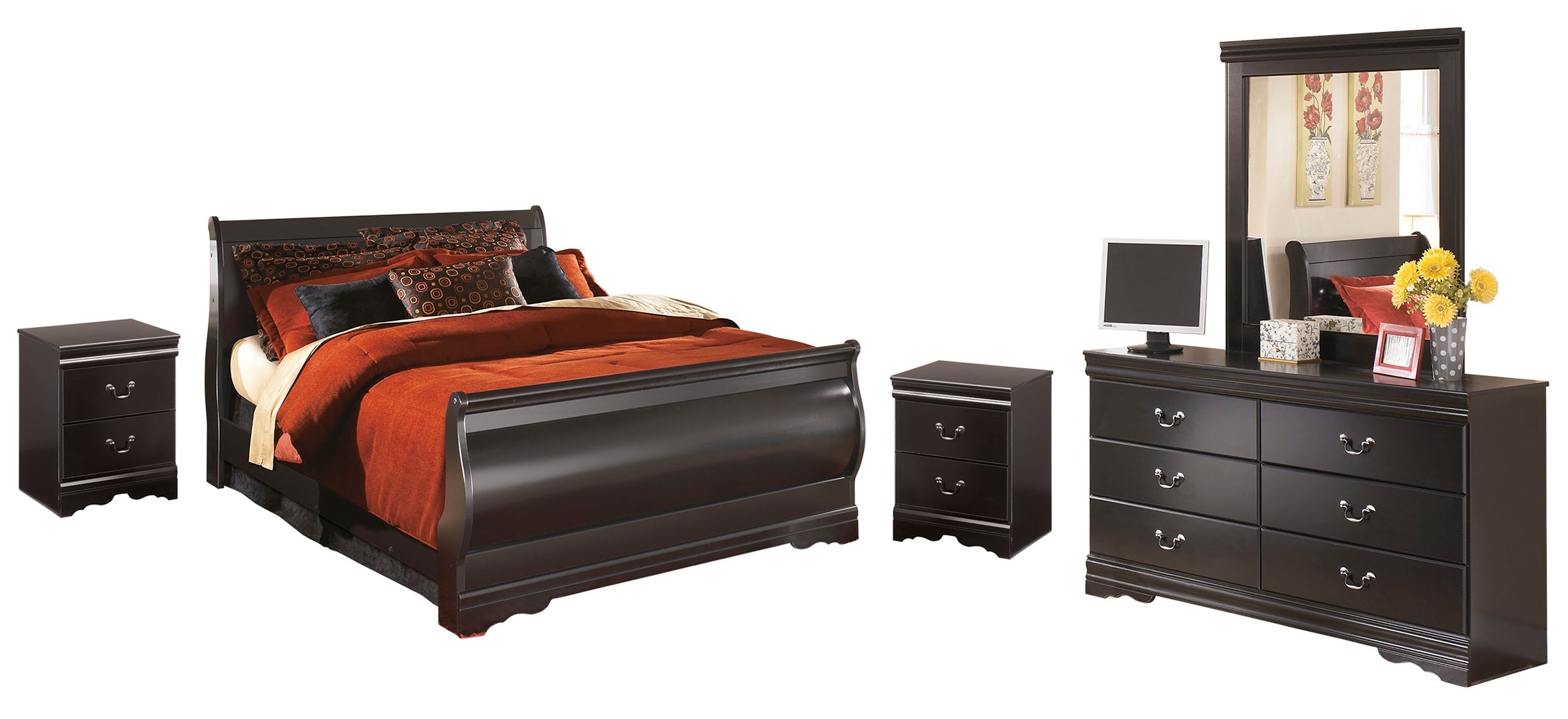 Huey Vineyard Queen Sleigh Bed with Mirrored Dresser and 2 Nightstands