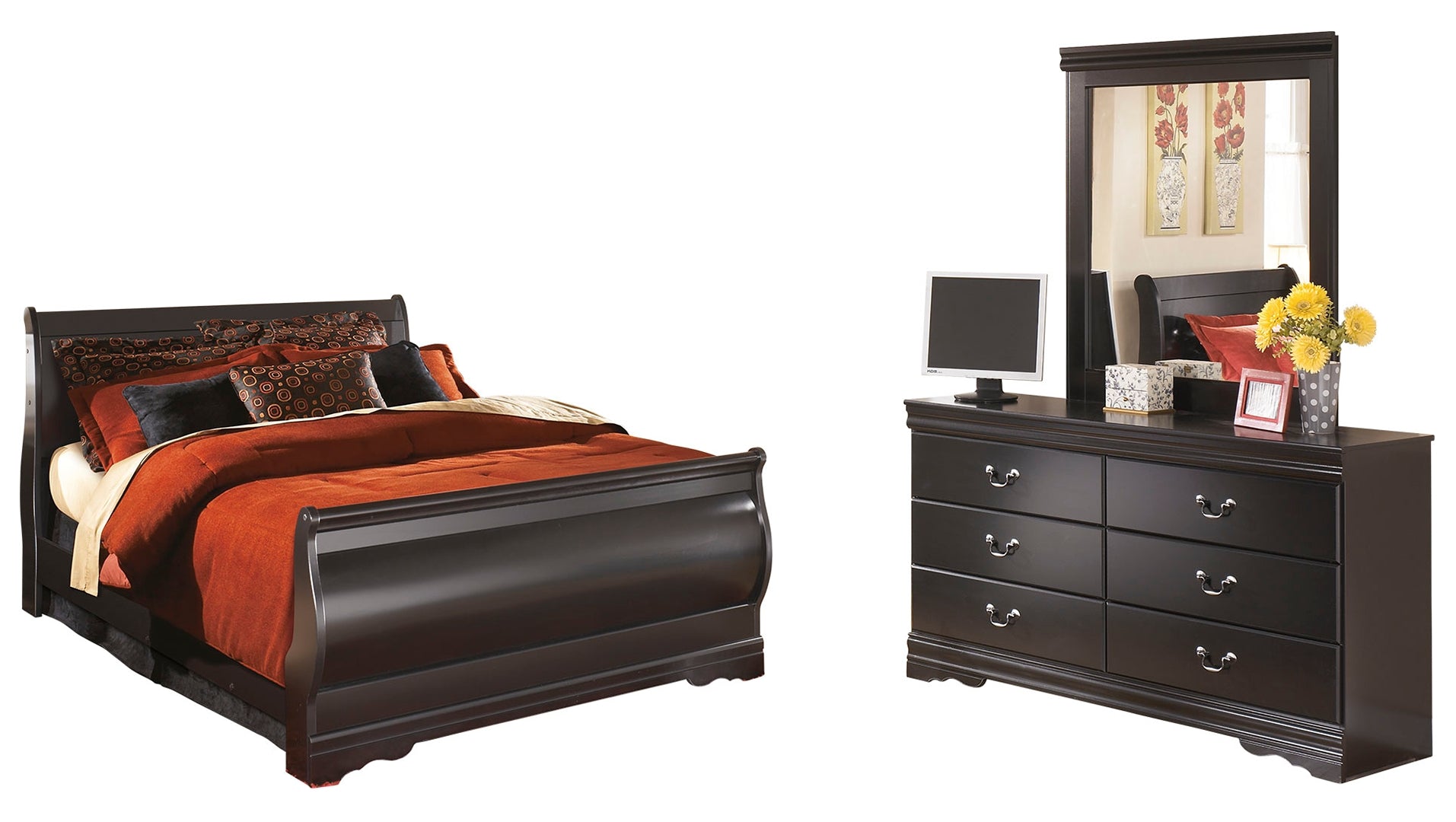 Huey Vineyard Queen Sleigh Bed with Mirrored Dresser