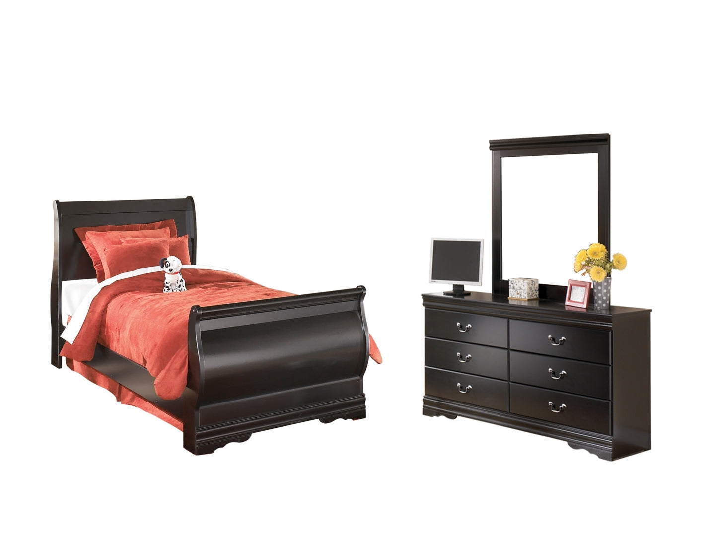 Huey Vineyard Twin Sleigh Bed with Mirrored Dresser and 2 Nightstands