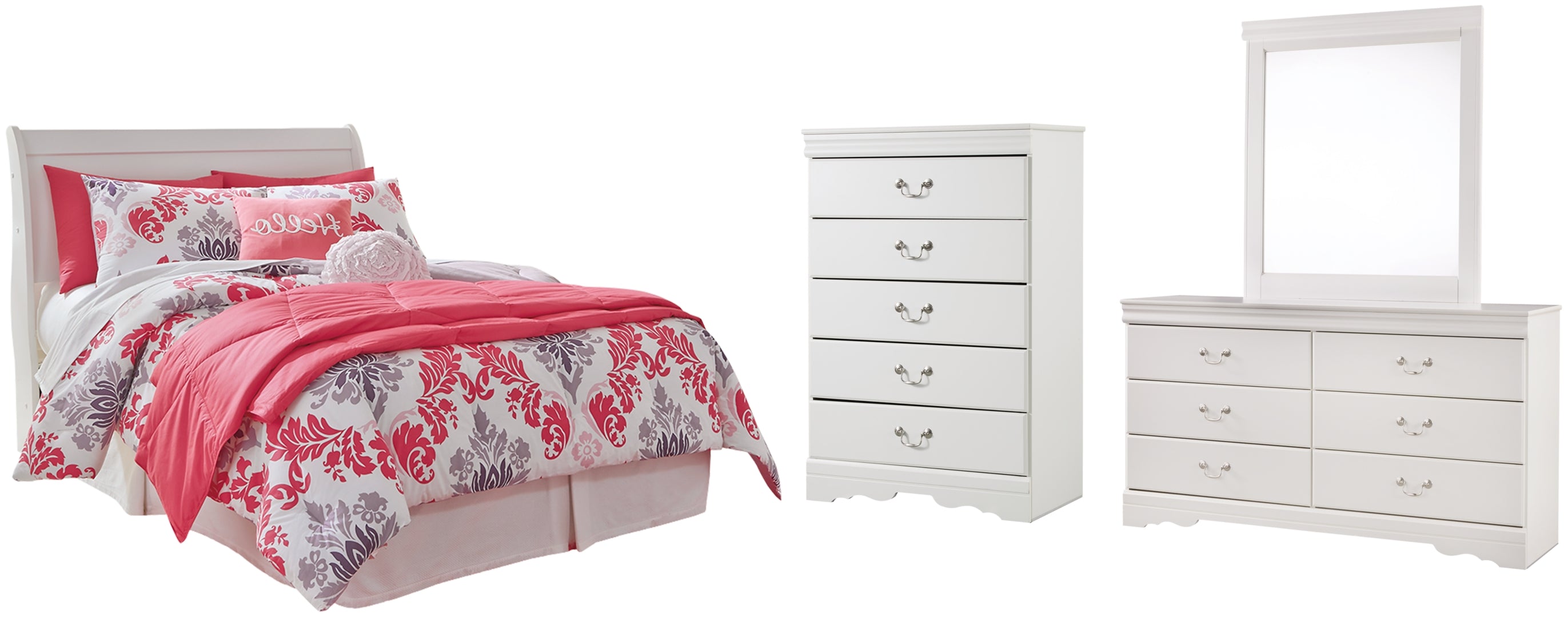 Anarasia Full Sleigh Headboard Bed with Mirrored Dresser and Chest