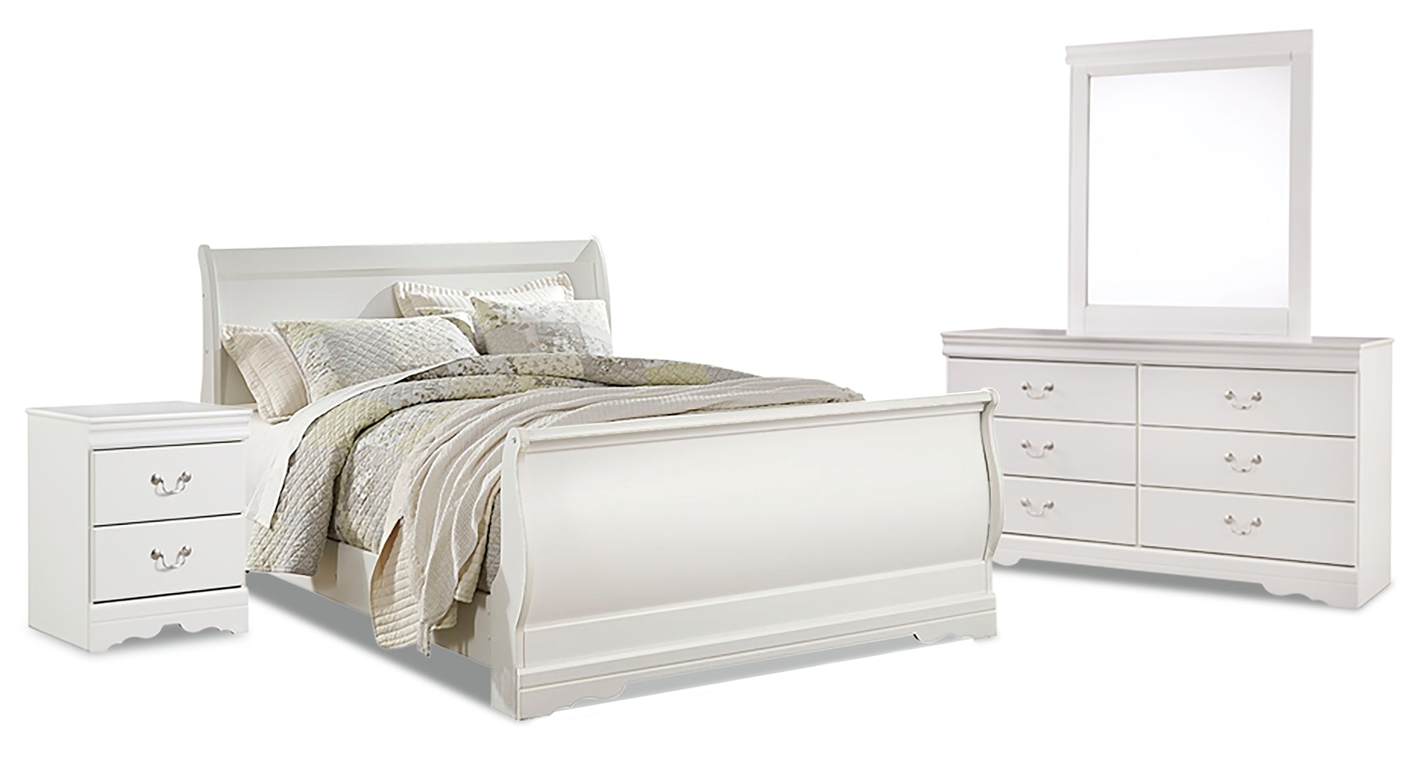 Anarasia Queen Sleigh Bed with Mirrored Dresser and Nightstand