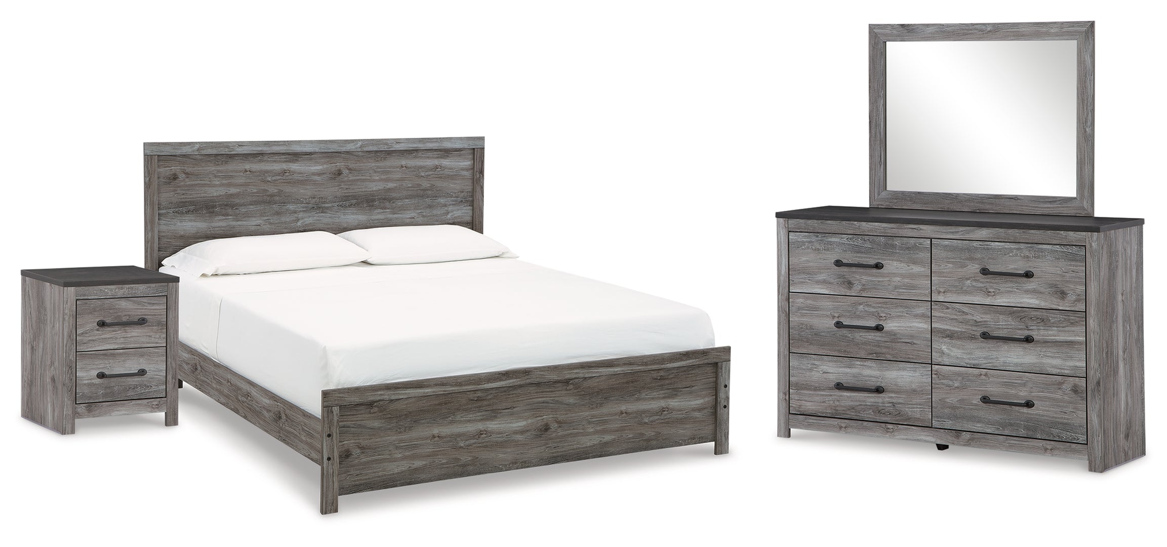 Bronyan King Panel Bed with Mirrored Dresser and Nightstand