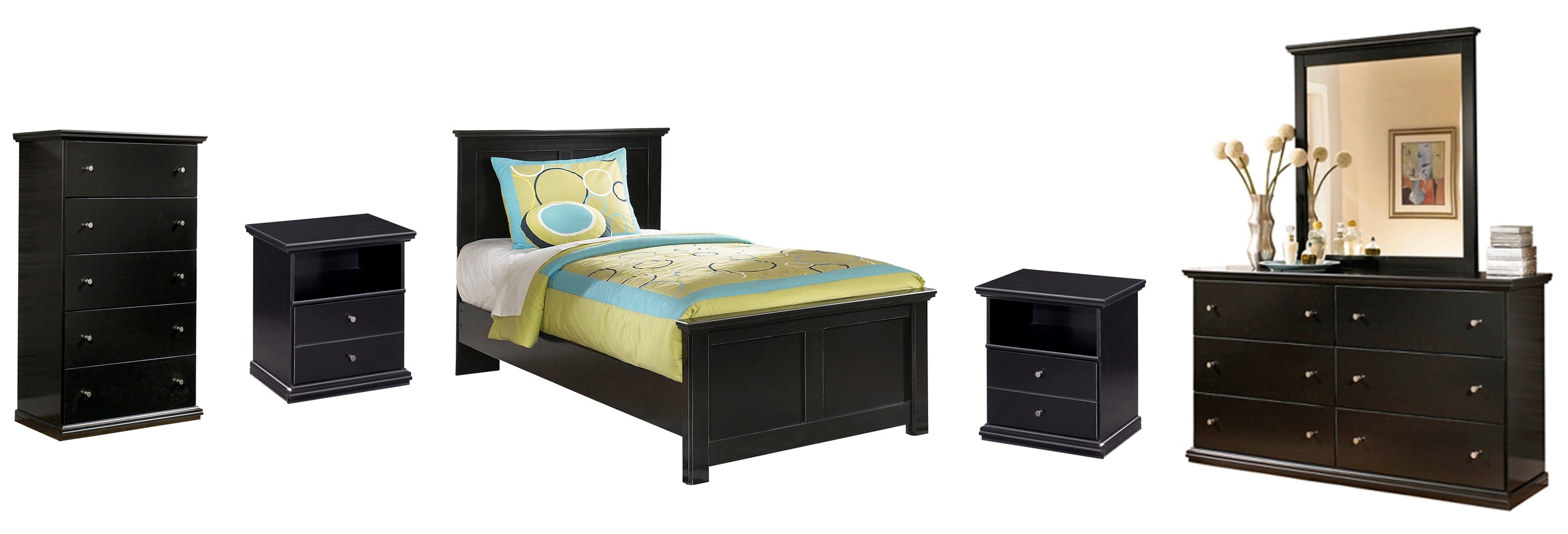 Maribel Twin Panel Bed with Mirrored Dresser, Chest and 2 Nightstands