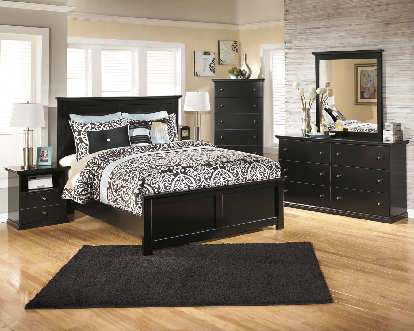 Maribel King Panel Bed with Mirrored Dresser, Chest and Nightstand