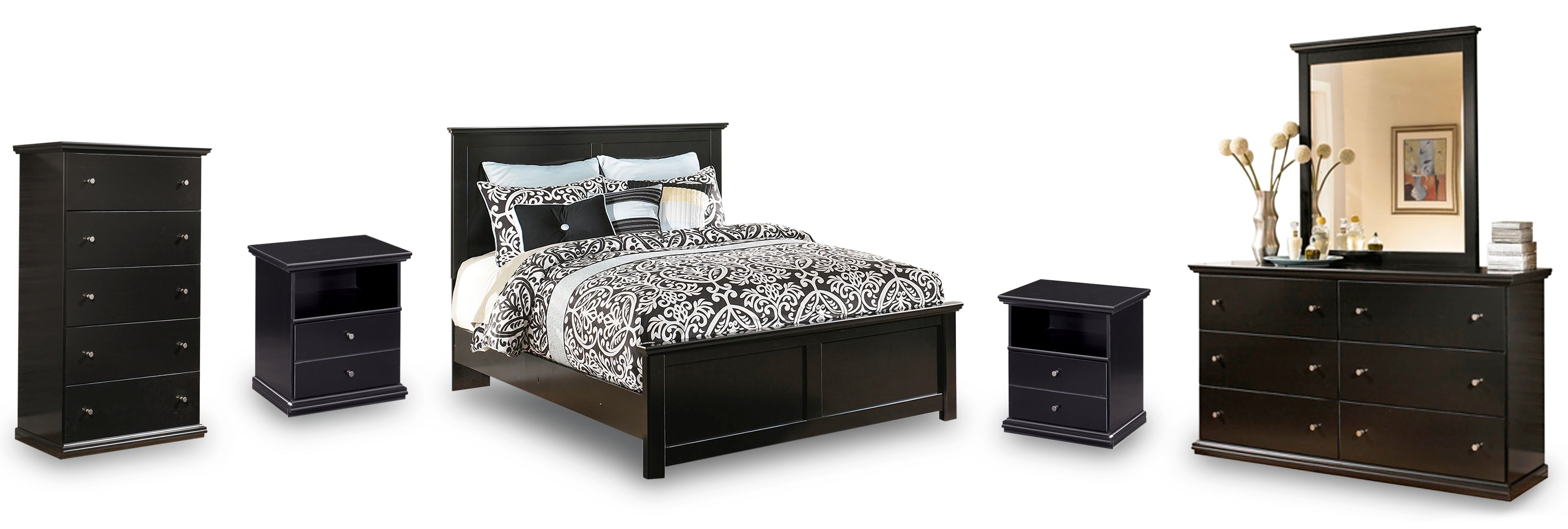 Maribel King Panel Bed with Mirrored Dresser, Chest and 2 Nightstands