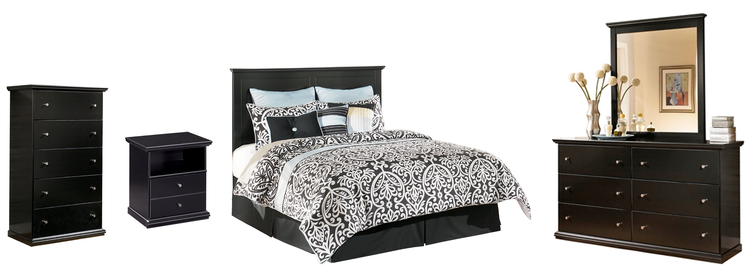 Maribel King/California King Panel Headboard Bed with Mirrored Dresser, Chest and Nightstand