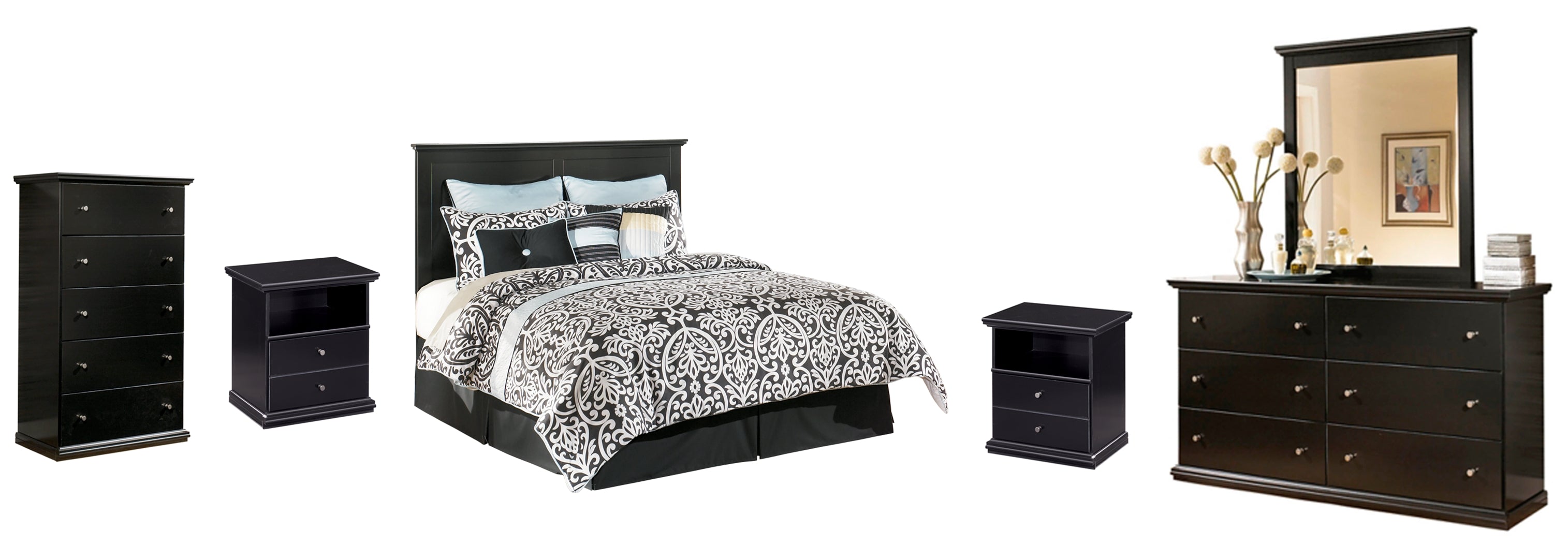 Maribel King/California King Panel Headboard Bed with Mirrored Dresser, Chest and 2 Nightstands