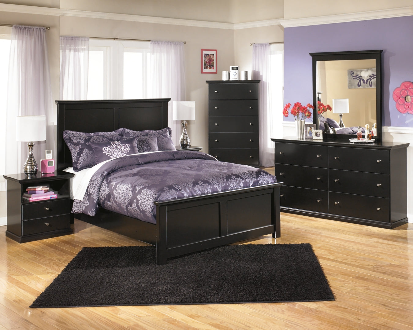 Maribel Queen Panel Bed with Mirrored Dresser, Chest and Nightstand