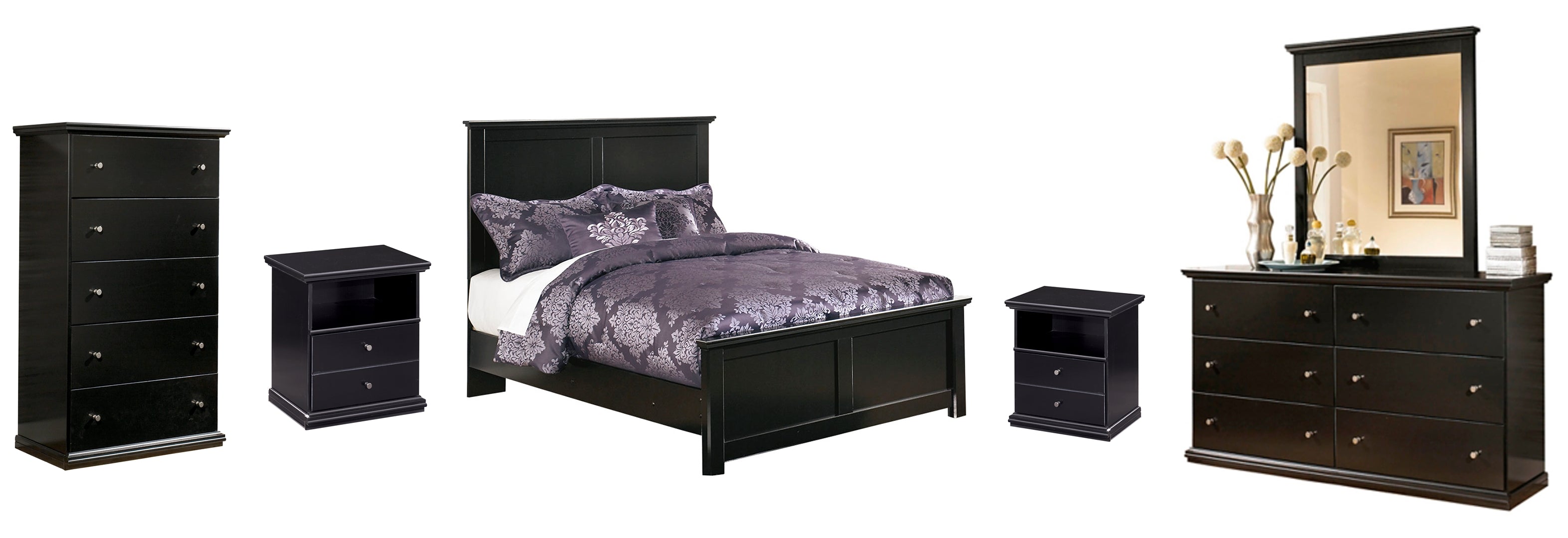 Maribel Full Panel Bed with Mirrored Dresser, Chest and 2 Nightstands