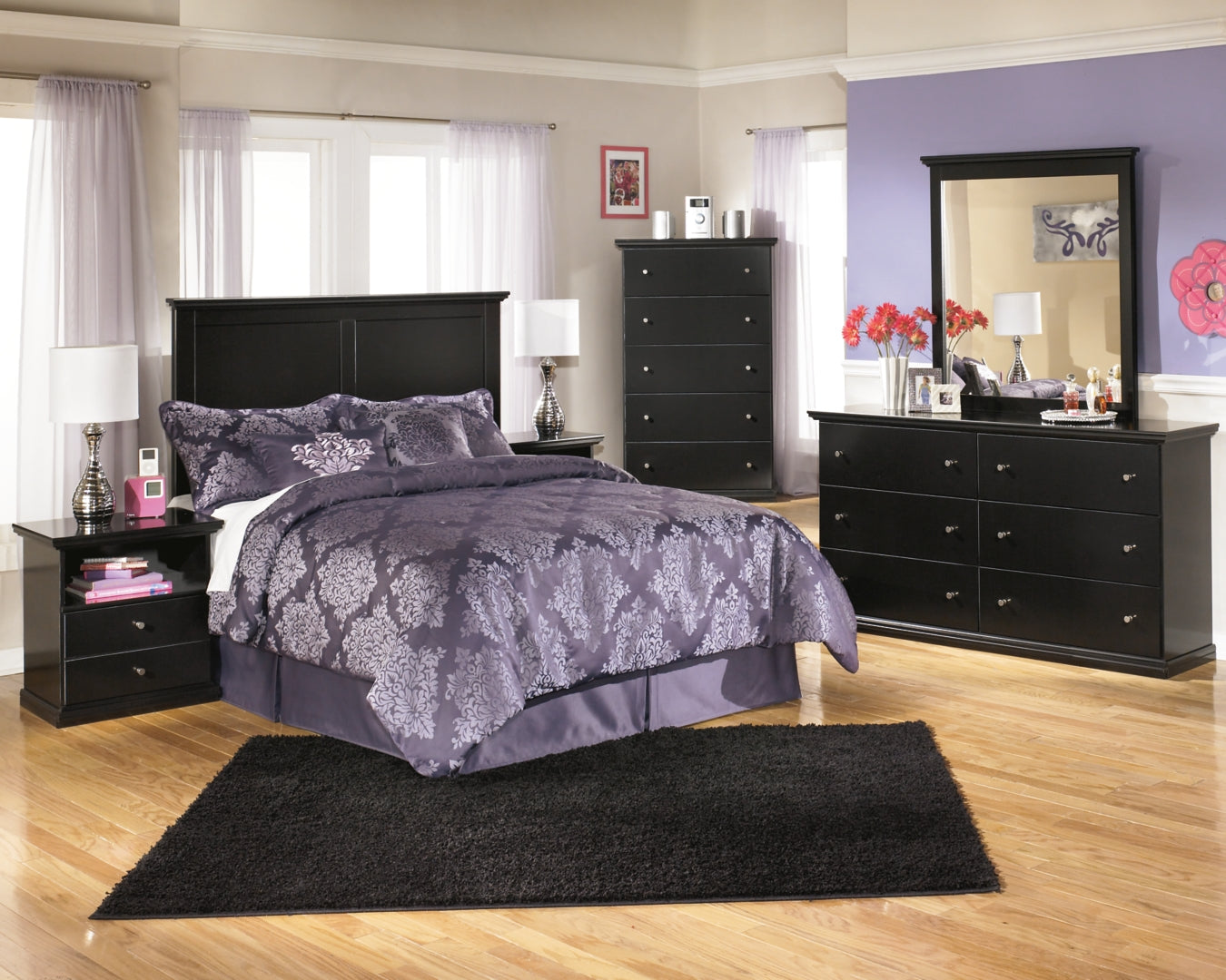 Maribel Full Panel Headboard Bed with Mirrored Dresser, Chest and Nightstand