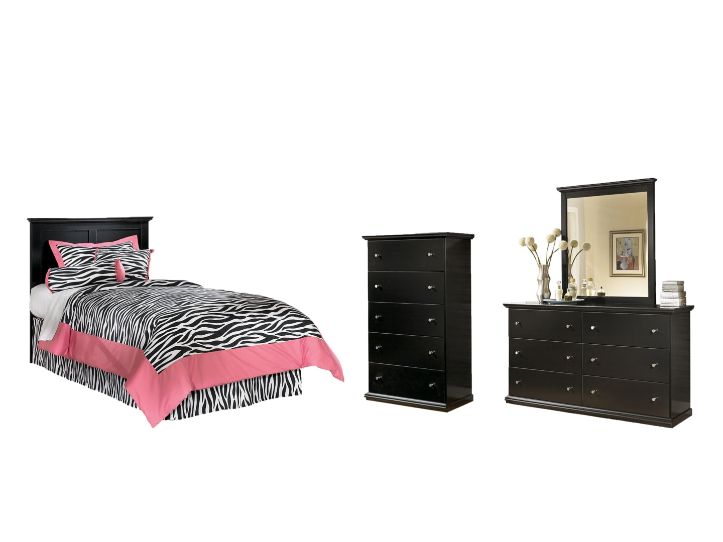 Maribel Twin Panel Headboard Bed with Mirrored Dresser and Chest