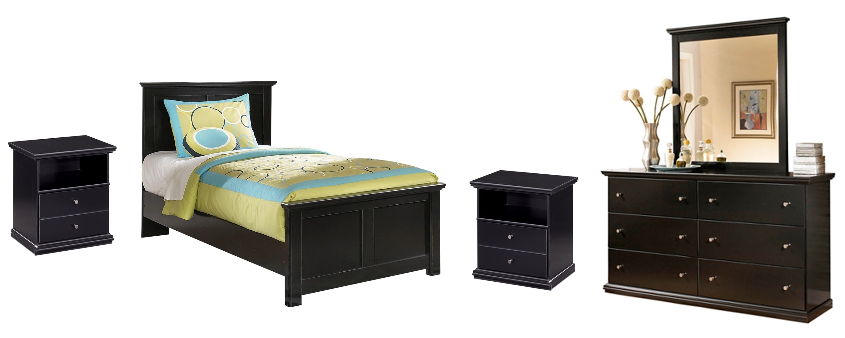 Maribel Twin Panel Bed with Mirrored Dresser and 2 Nightstands