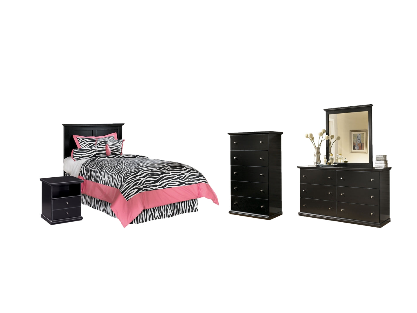 Maribel Twin Panel Headboard Bed with Mirrored Dresser, Chest and Nightstand