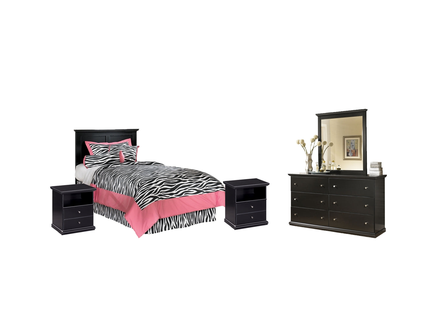 Maribel Twin Panel Headboard Bed with Mirrored Dresser and 2 Nightstands