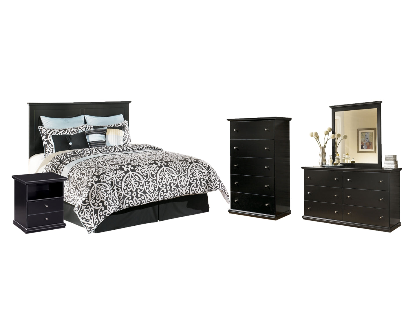 Maribel Queen/Full Panel Headboard Bed with Mirrored Dresser, Chest and Nightstand