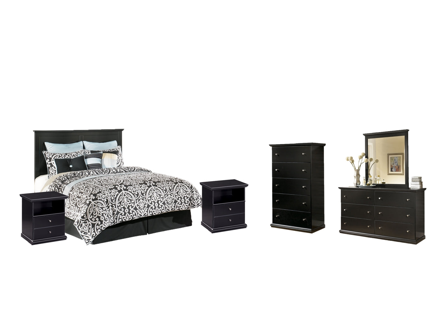 Maribel Queen/Full Panel Headboard Bed with Mirrored Dresser, Chest and 2 Nightstands