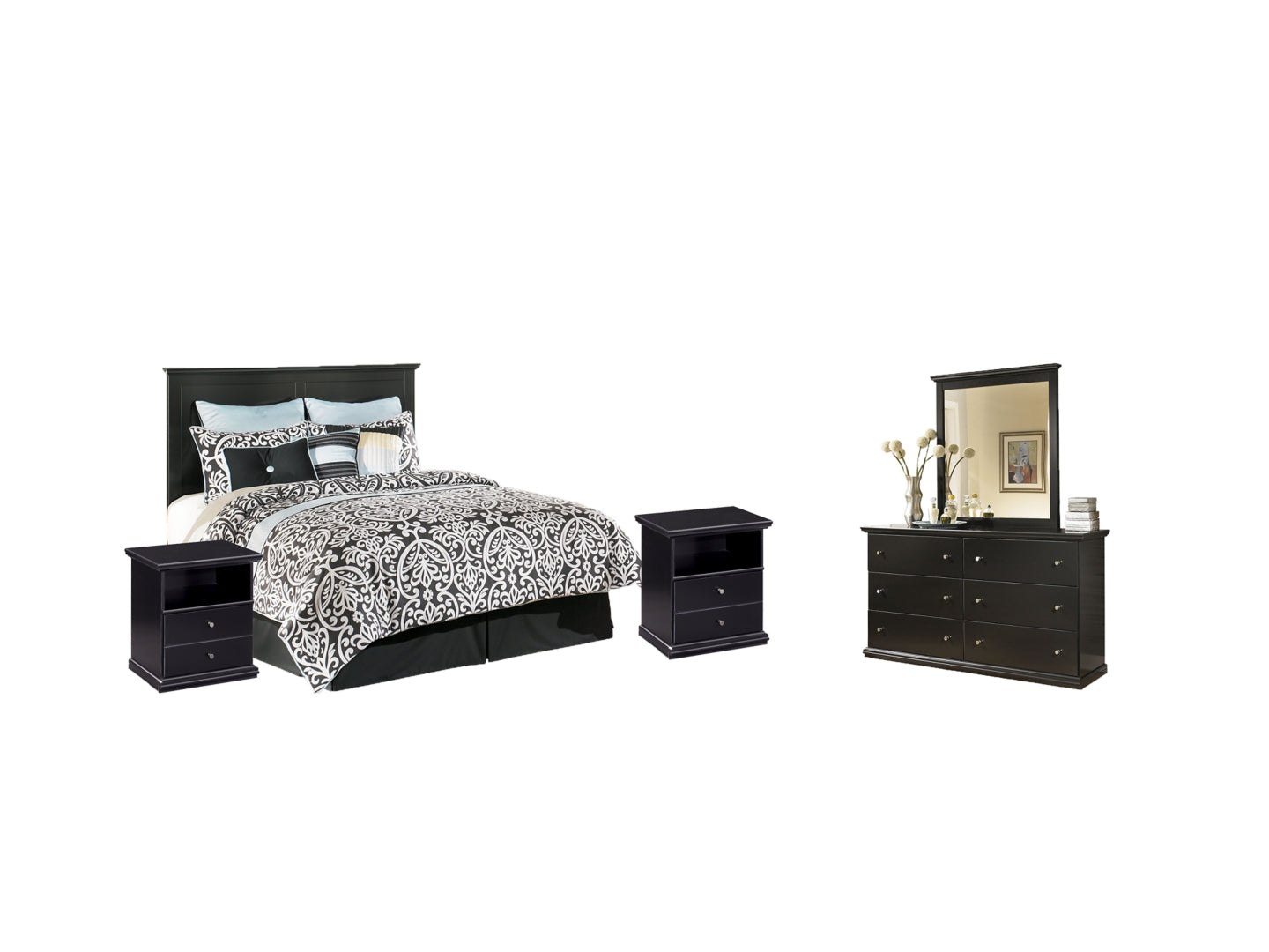 Maribel Queen/Full Panel Headboard Bed with Mirrored Dresser and 2 Nightstands