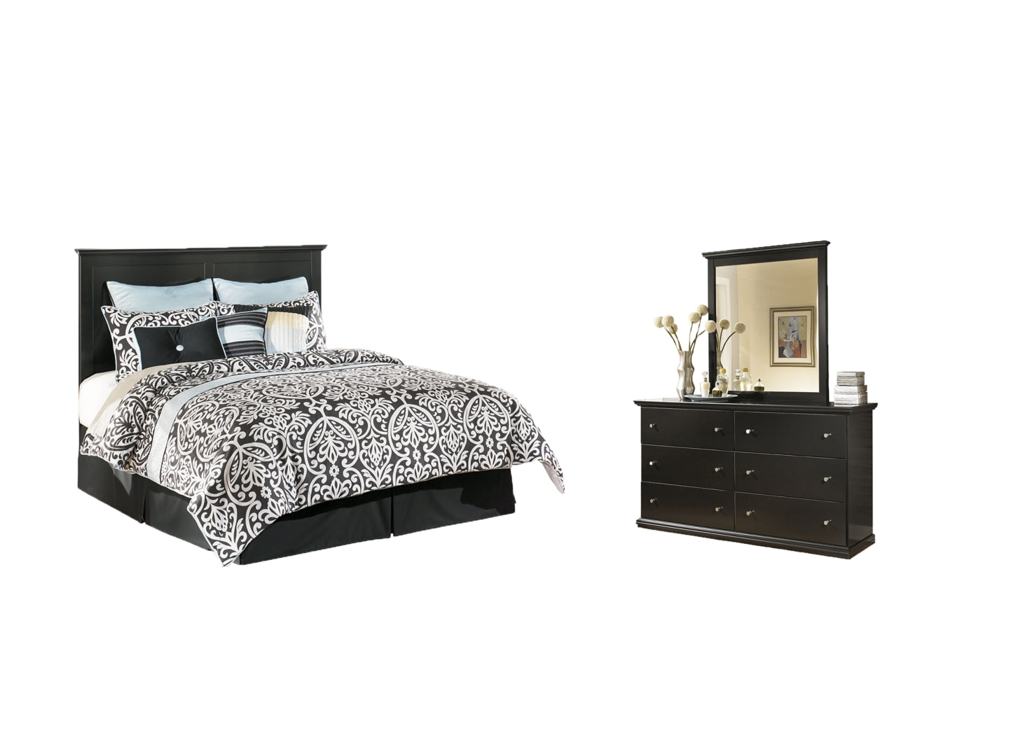 Maribel Queen/Full Panel Headboard Bed with Mirrored Dresser