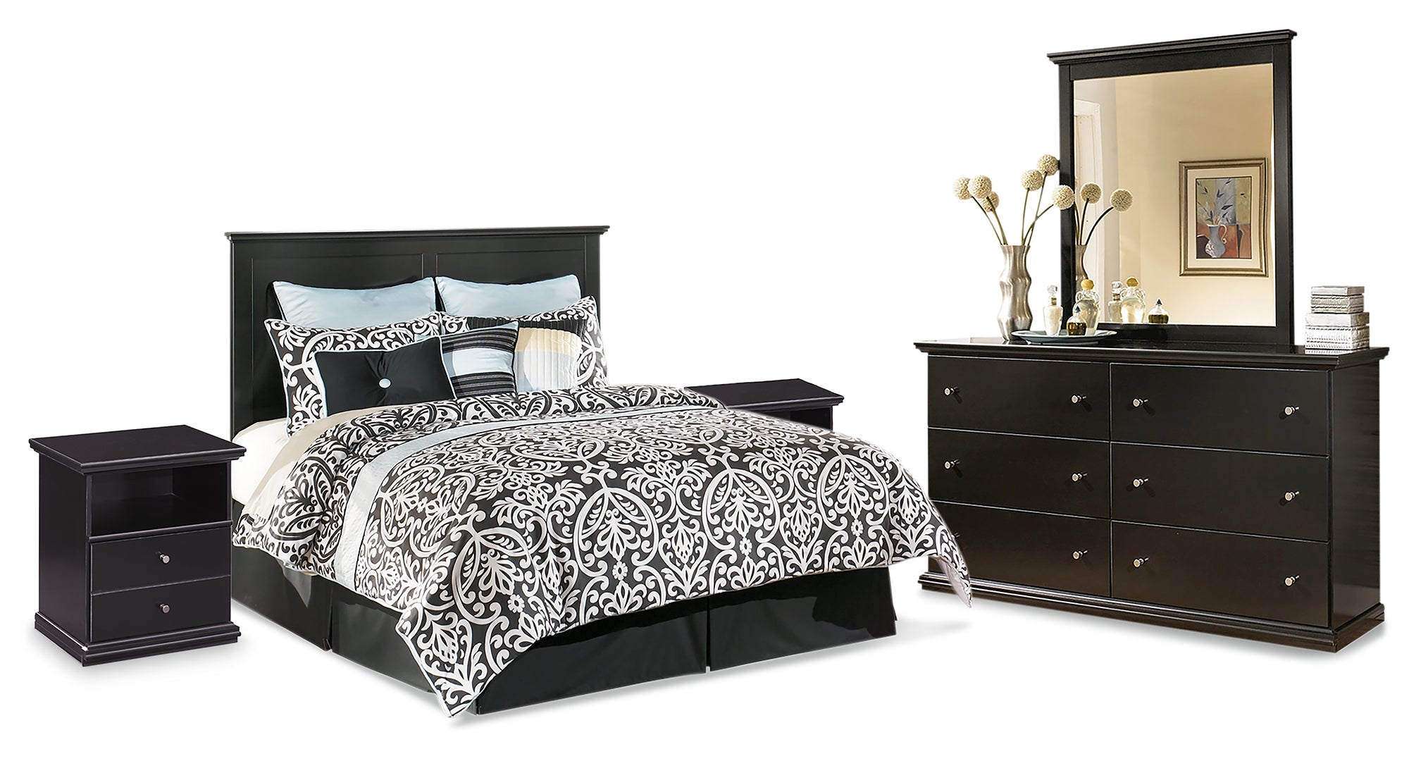 Maribel King/California King Panel Headboard Bed with Mirrored Dresser and 2 Nightstands