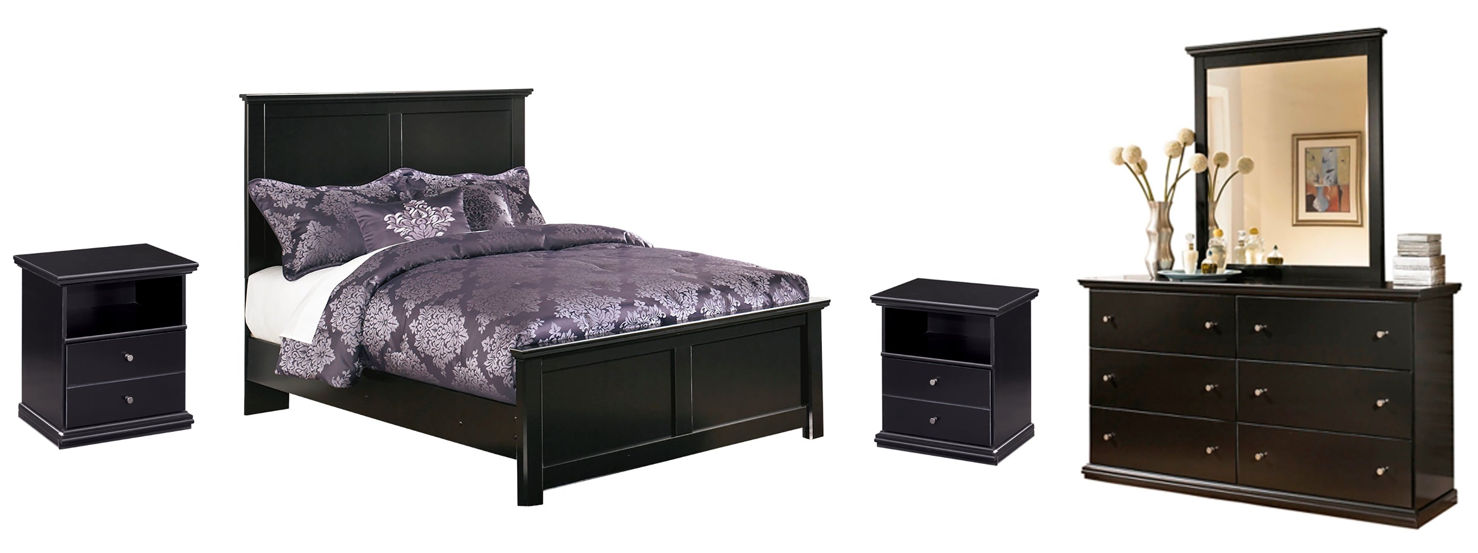 Maribel Full Panel Bed with Mirrored Dresser and 2 Nightstands