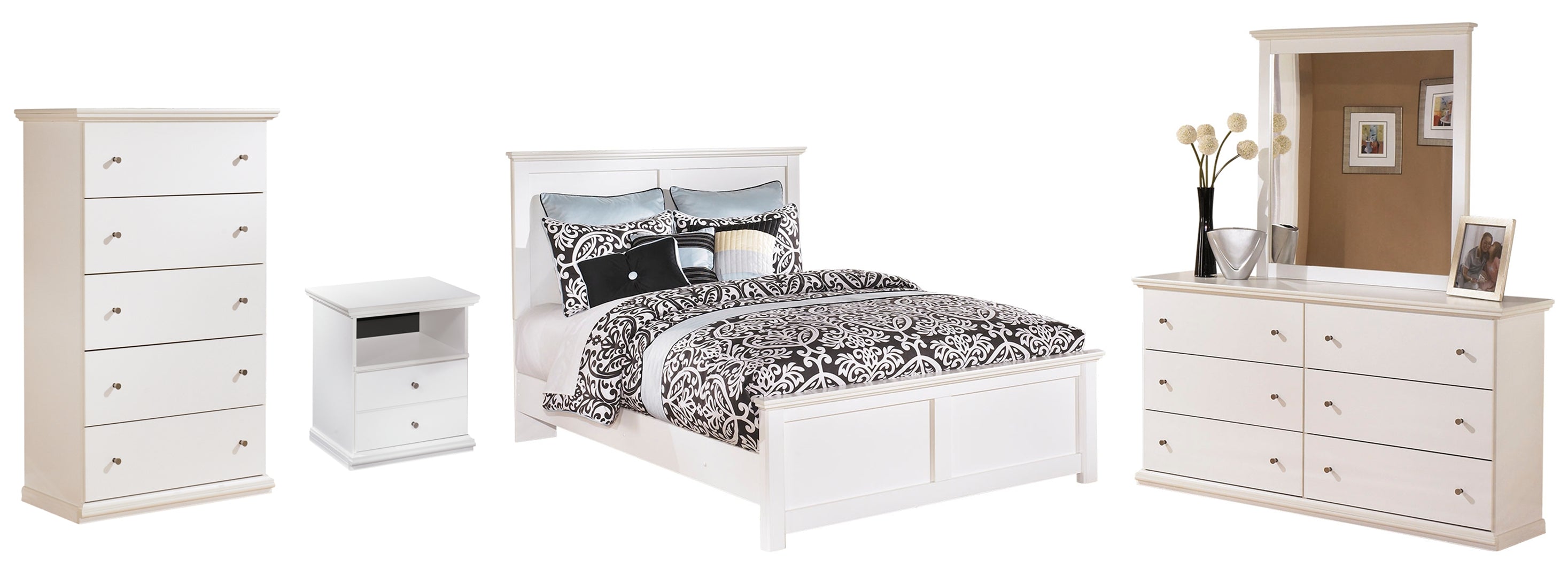 Bostwick Shoals Queen Panel Bed with Mirrored Dresser and Chest