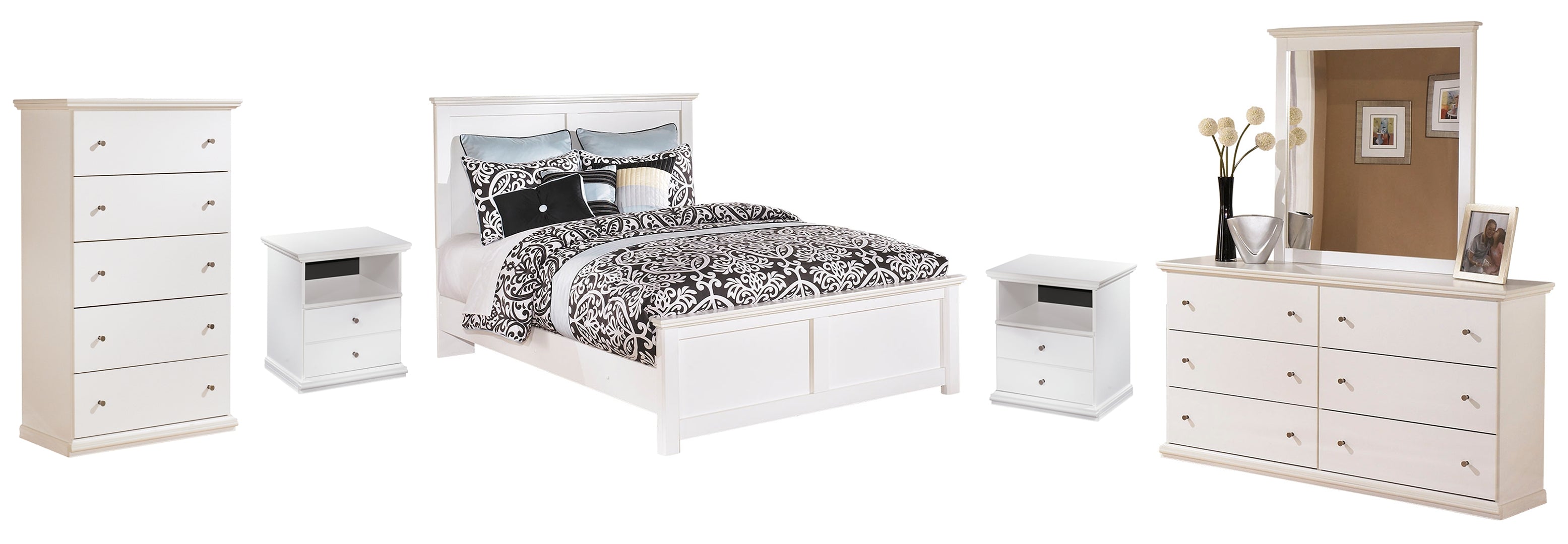 Bostwick Shoals Queen Panel Bed with Mirrored Dresser, Chest and 2 Nightstands